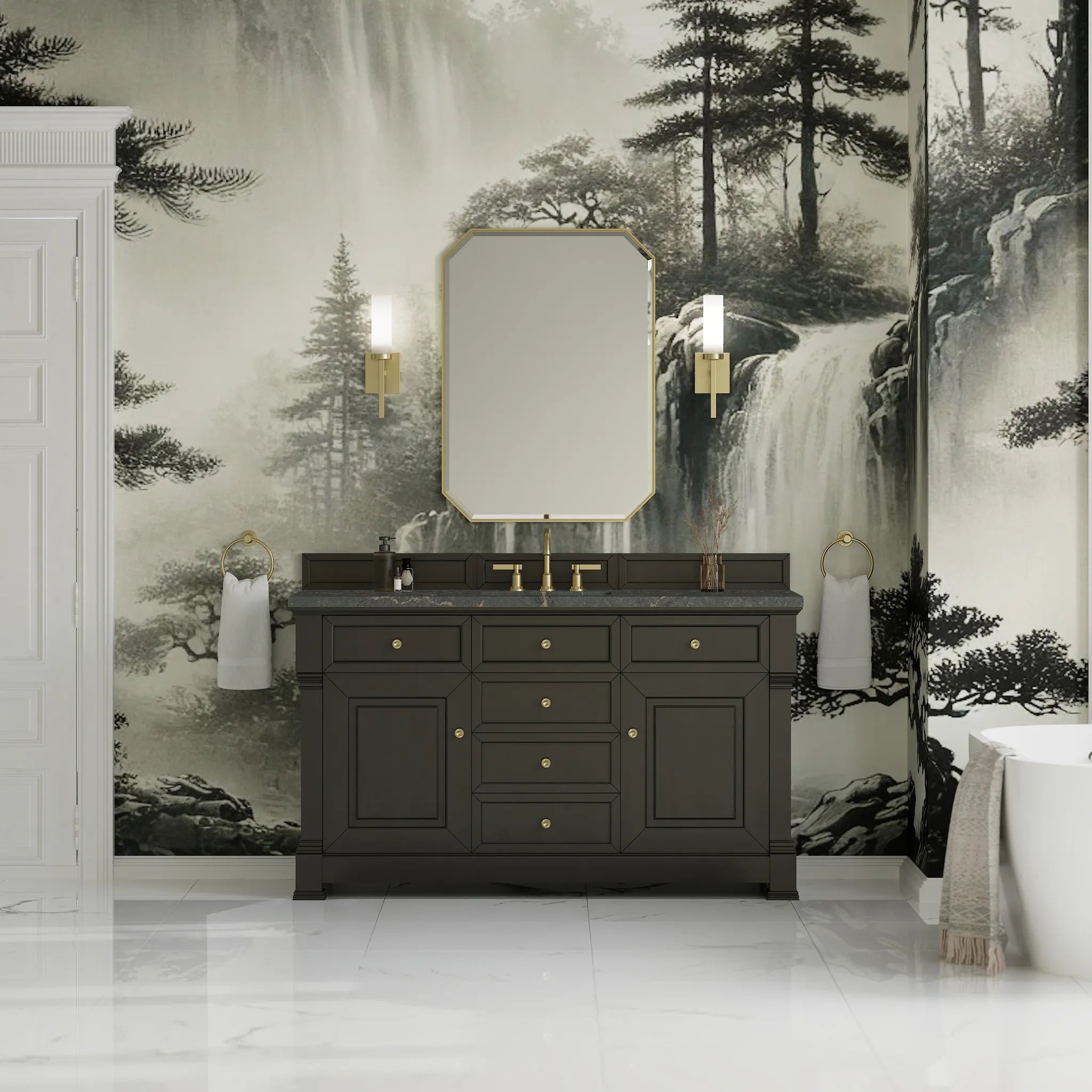 60" Brookfield Single Vanity in Black Onyx w/FreePower Wireless Charger-Parisien Bleu Silestone-8" Widespread image 4
