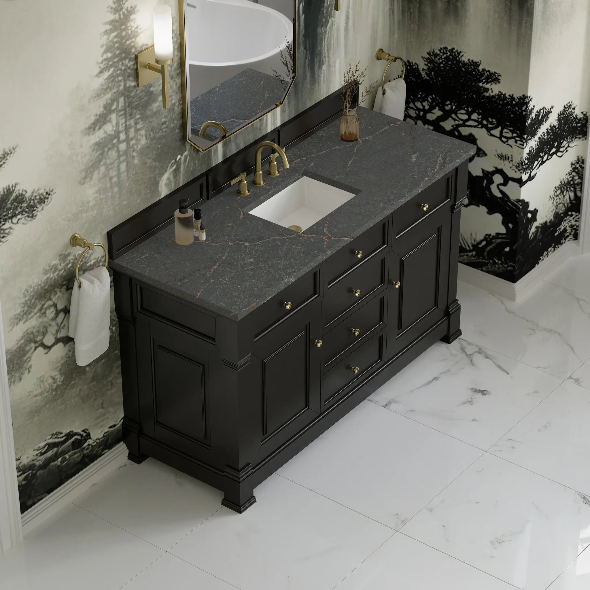 60" Brookfield Single Vanity in Black Onyx w/FreePower Wireless Charger-Parisien Bleu Silestone-8" Widespread image 8