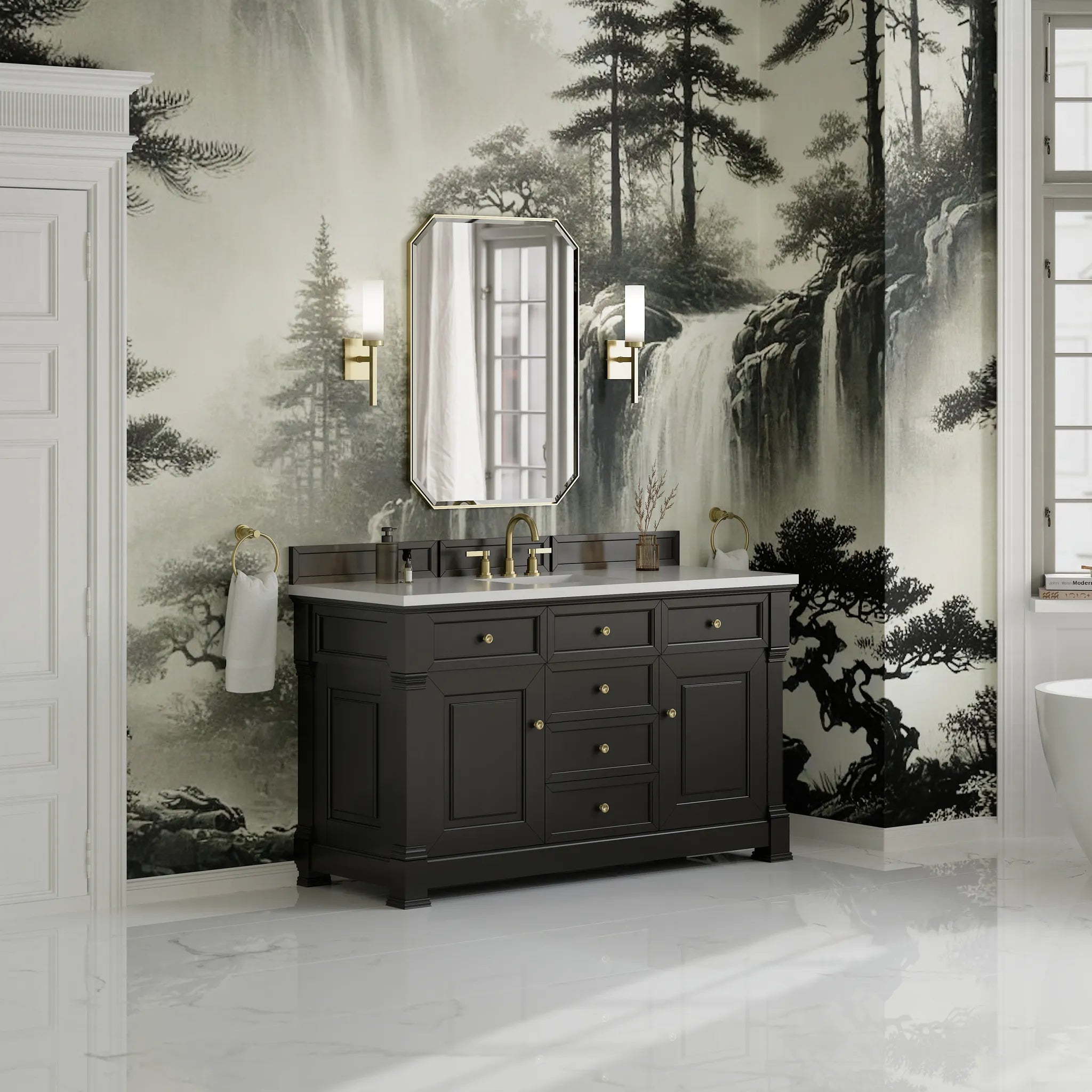 60" Brookfield Single Vanity in Black Onyx-White Zeus Silestone-8" Widespread image 3