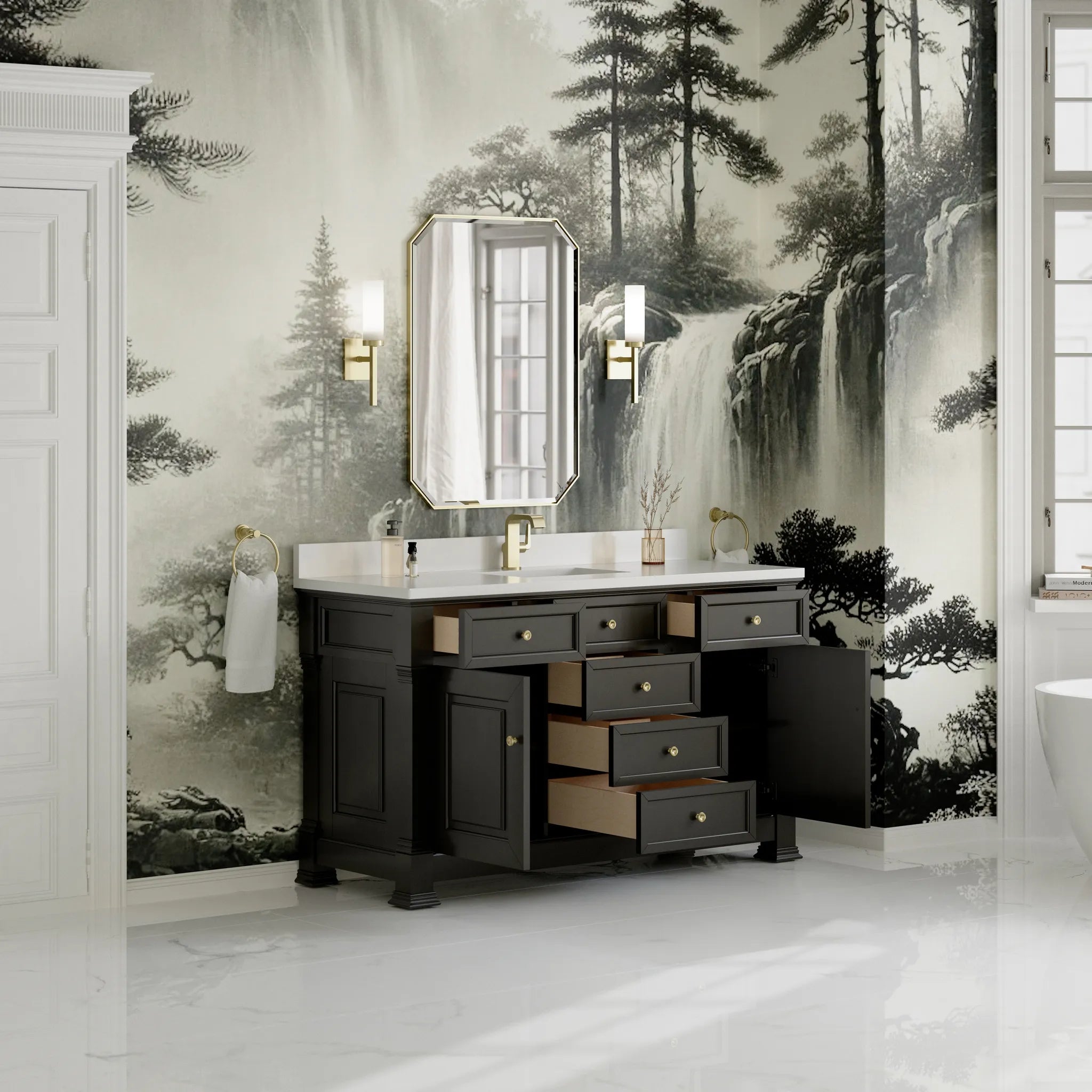 60" Brookfield Single Vanity in Black Onyx-White Zeus Silestone & Backsplash-Single Hole image 4