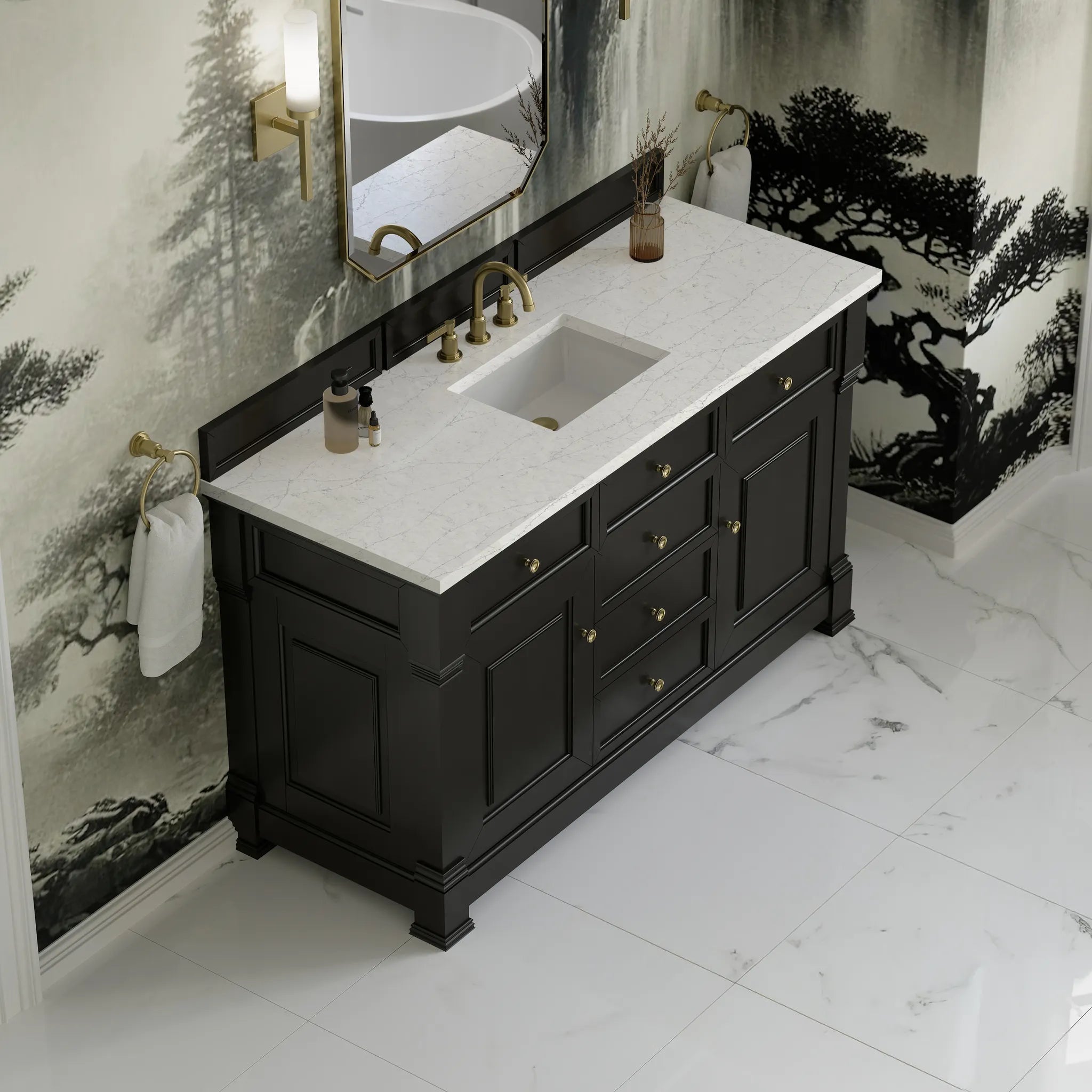 60" Brookfield Single Vanity in Black Onyx Wireless Charger-Eternal Jasmine Pearl Silestone-8" Widespread image 8