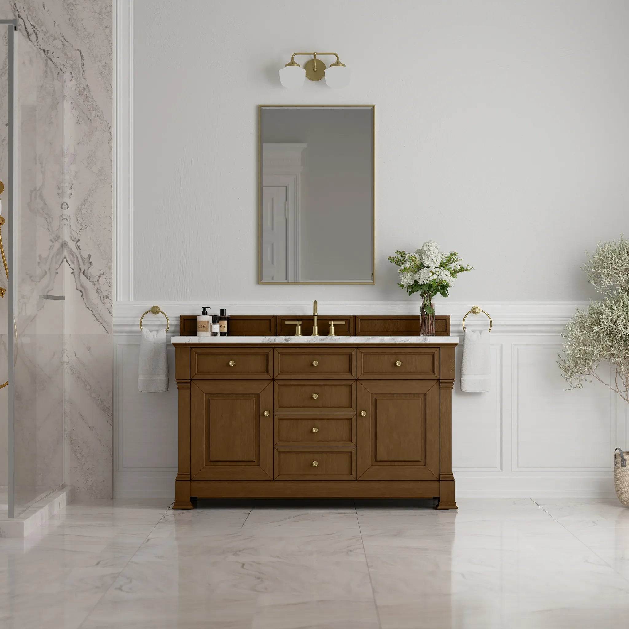 60" Brookfield Single Vanity in Honey Oak-Carrara White Marble-8" Widespread image 2