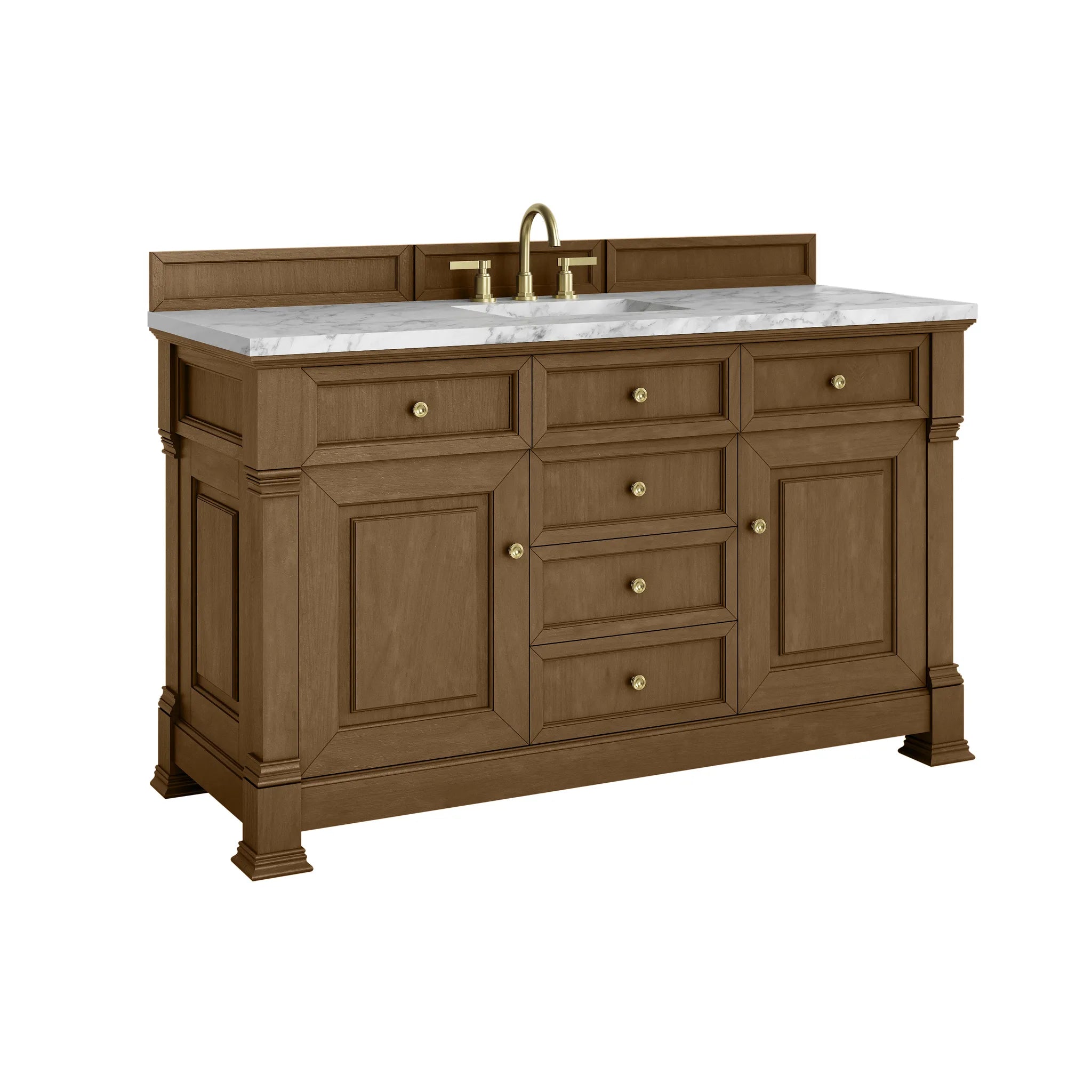 60" Brookfield Single Vanity in Honey Oak-Carrara White Marble-8" Widespread image 9