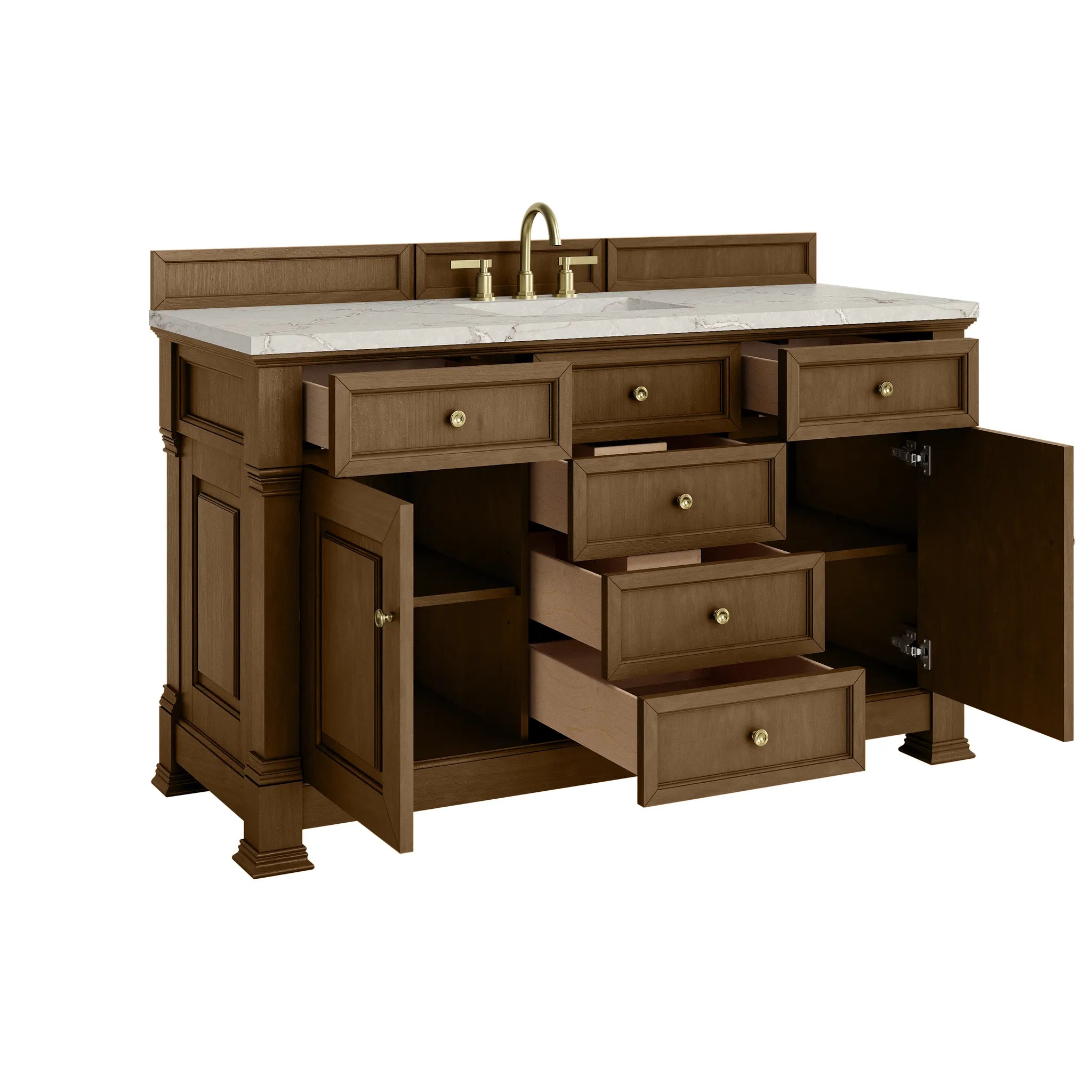 60" Brookfield Single Vanity in Honey Oak-Victorian Silver Silestone-8" Widespread image 7
