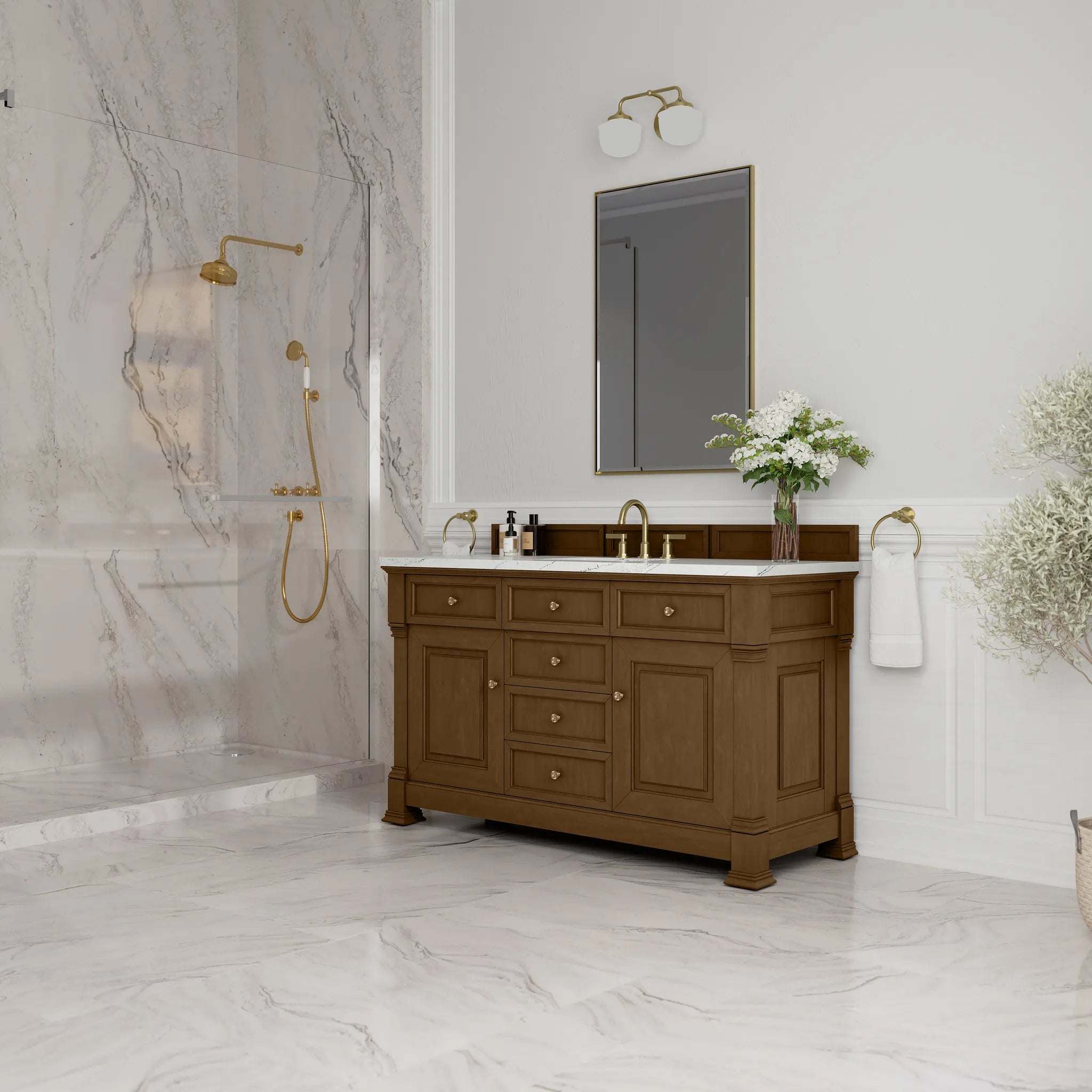 60" Brookfield Single Vanity in Honey Oak w/FreePower Wireless Charger-Ethereal Noctis Silestone-8" Widespread image 5