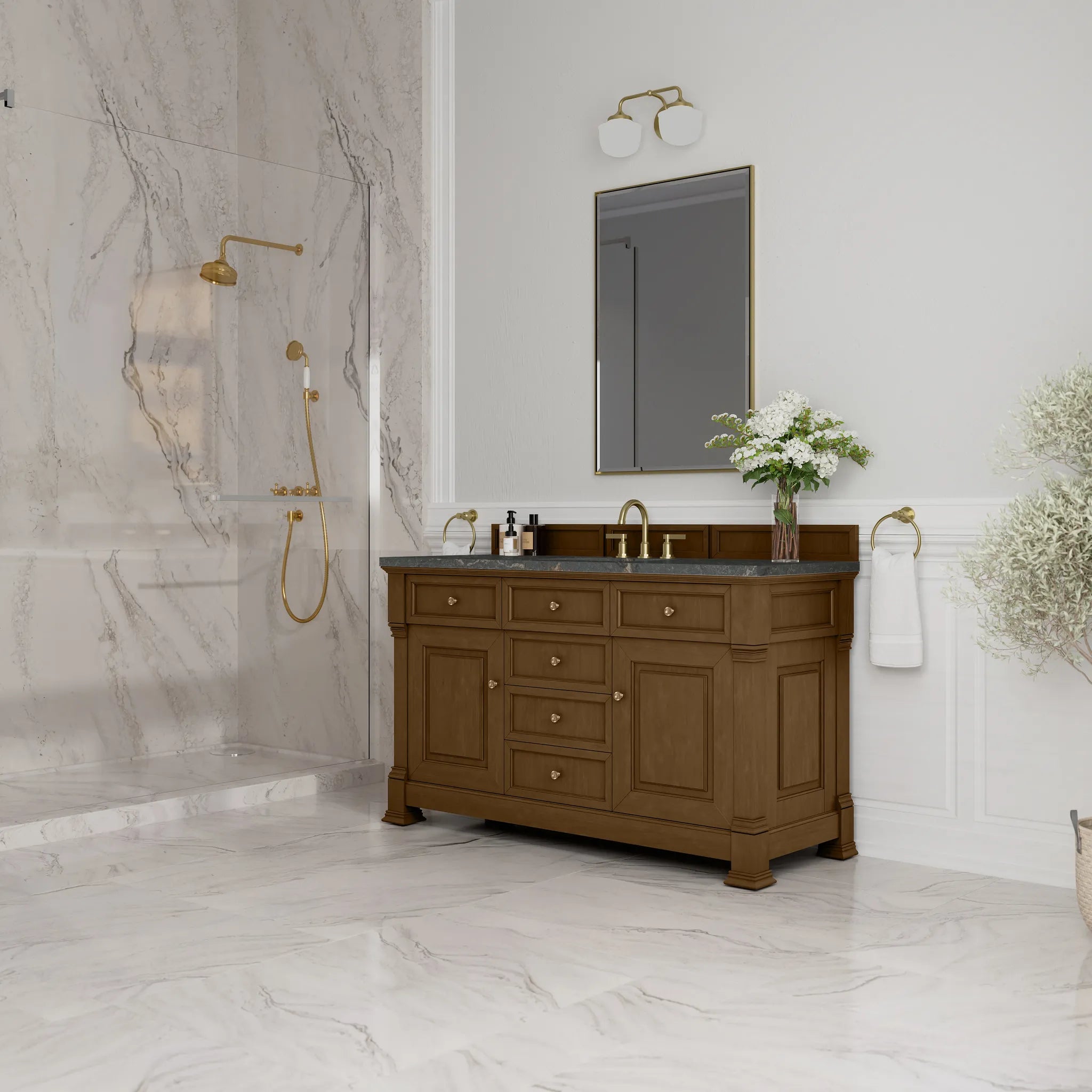 60" Brookfield Single Vanity in Honey Oak w/FreePower Wireless Charger-Parisien Bleu Silestone-8" Widespread image 5