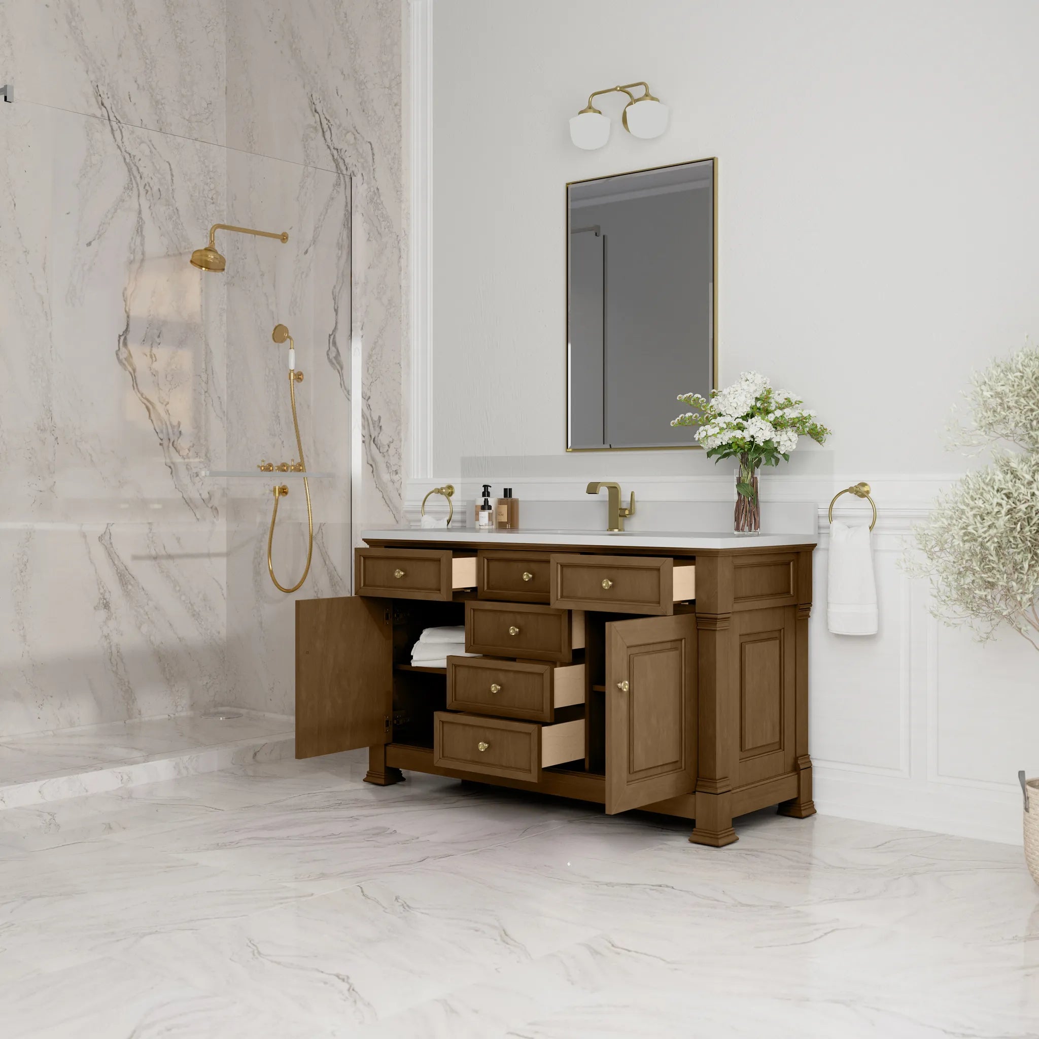 60" Brookfield Single Vanity in Honey Oak-White Zeus Silestone & Backsplash-Single Hole image 4