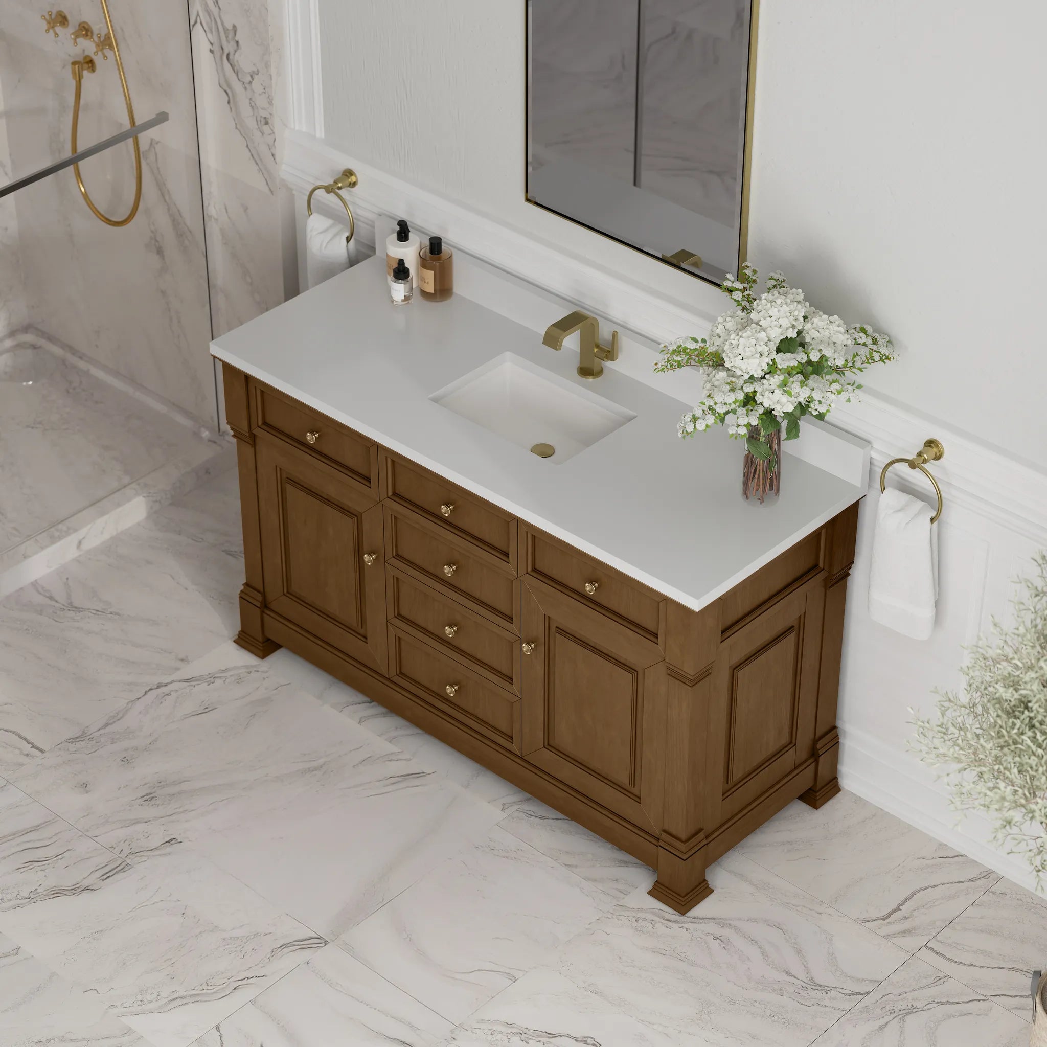 60" Brookfield Single Vanity in Honey Oak-White Zeus Silestone & Backsplash-Single Hole image 6