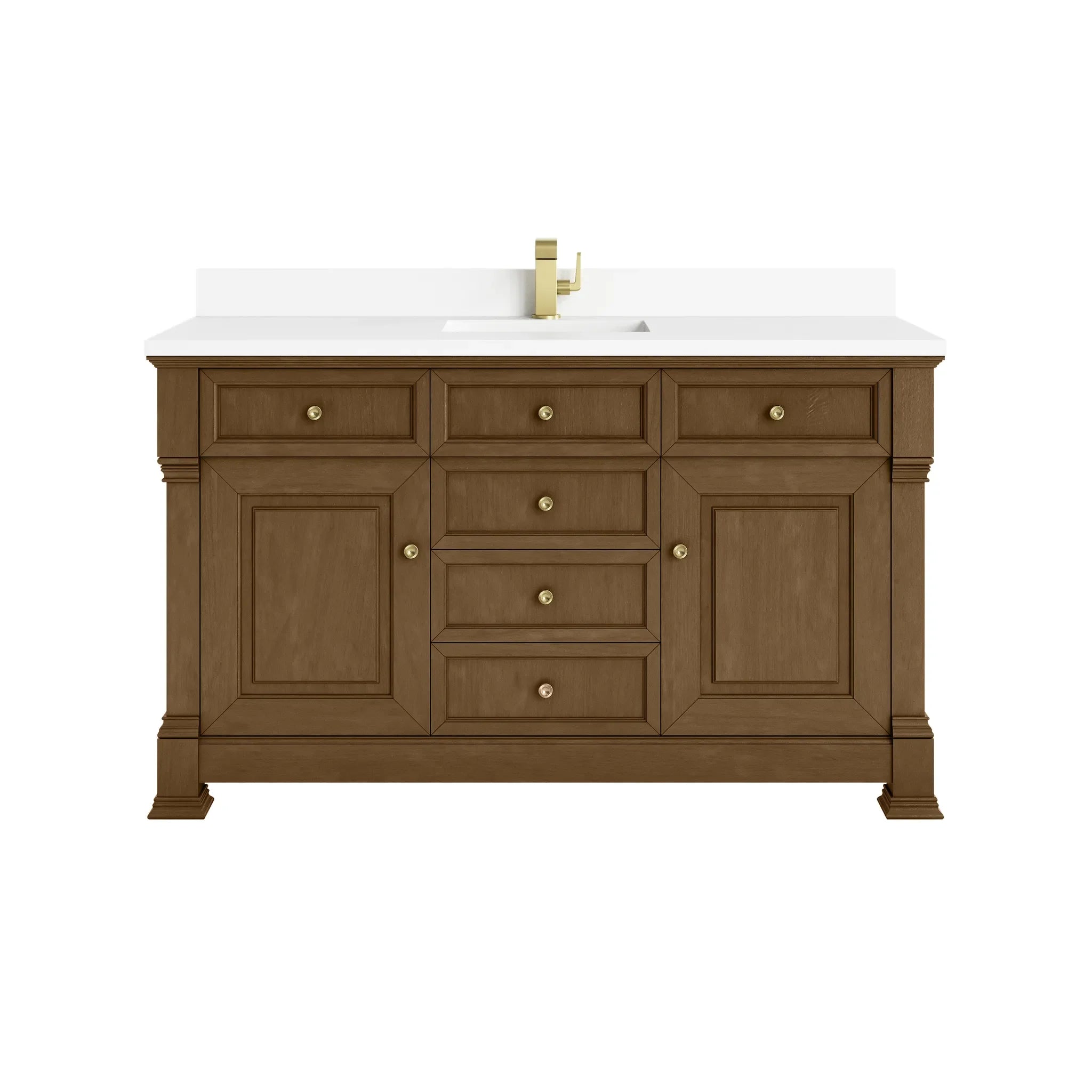 60" Brookfield Single Vanity in Honey Oak-White Zeus Silestone & Backsplash-Single Hole image