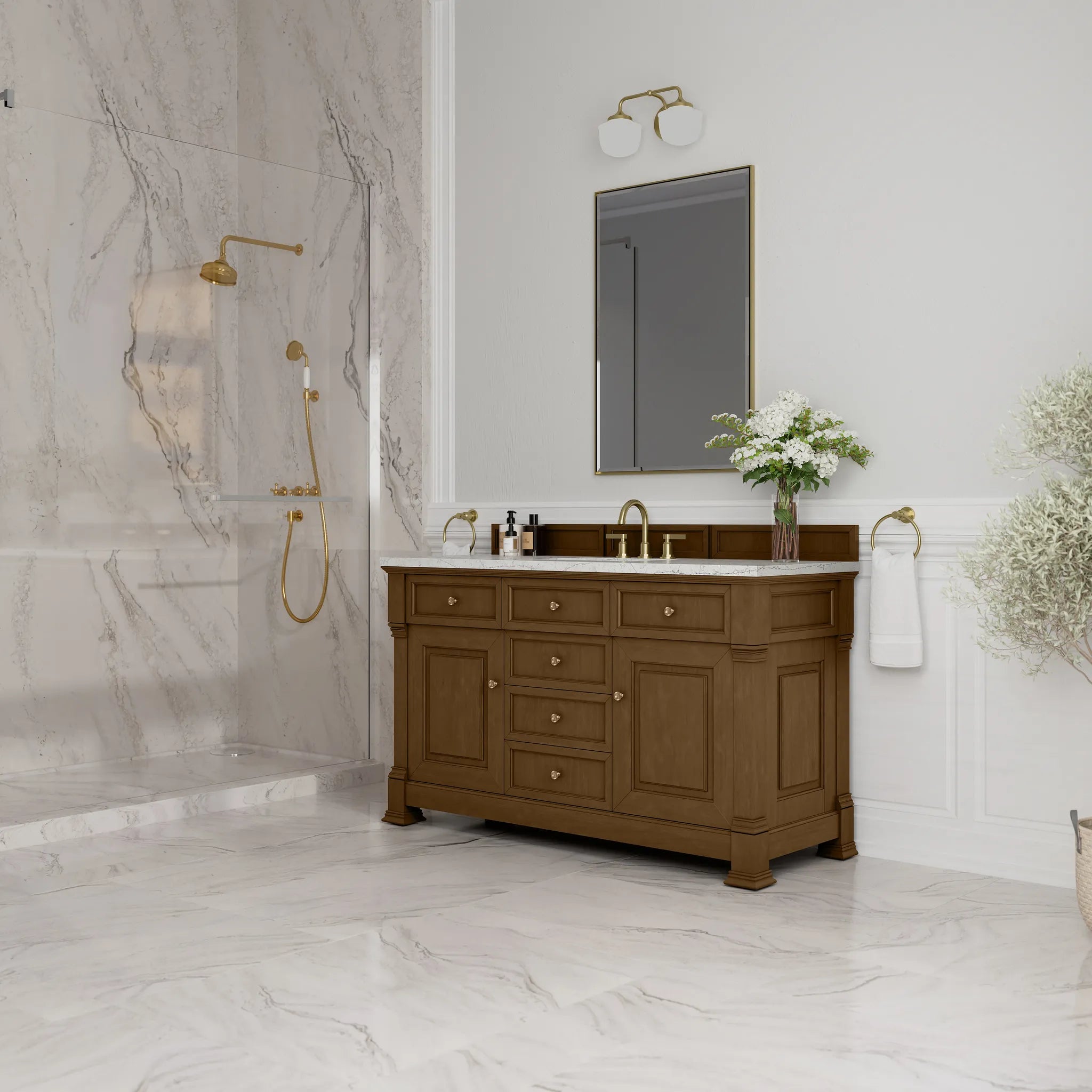 60" Brookfield Single Vanity in Honey Oak Wireless Charger-Eternal Jasmine Pearl Silestone-8" Widespread image 5