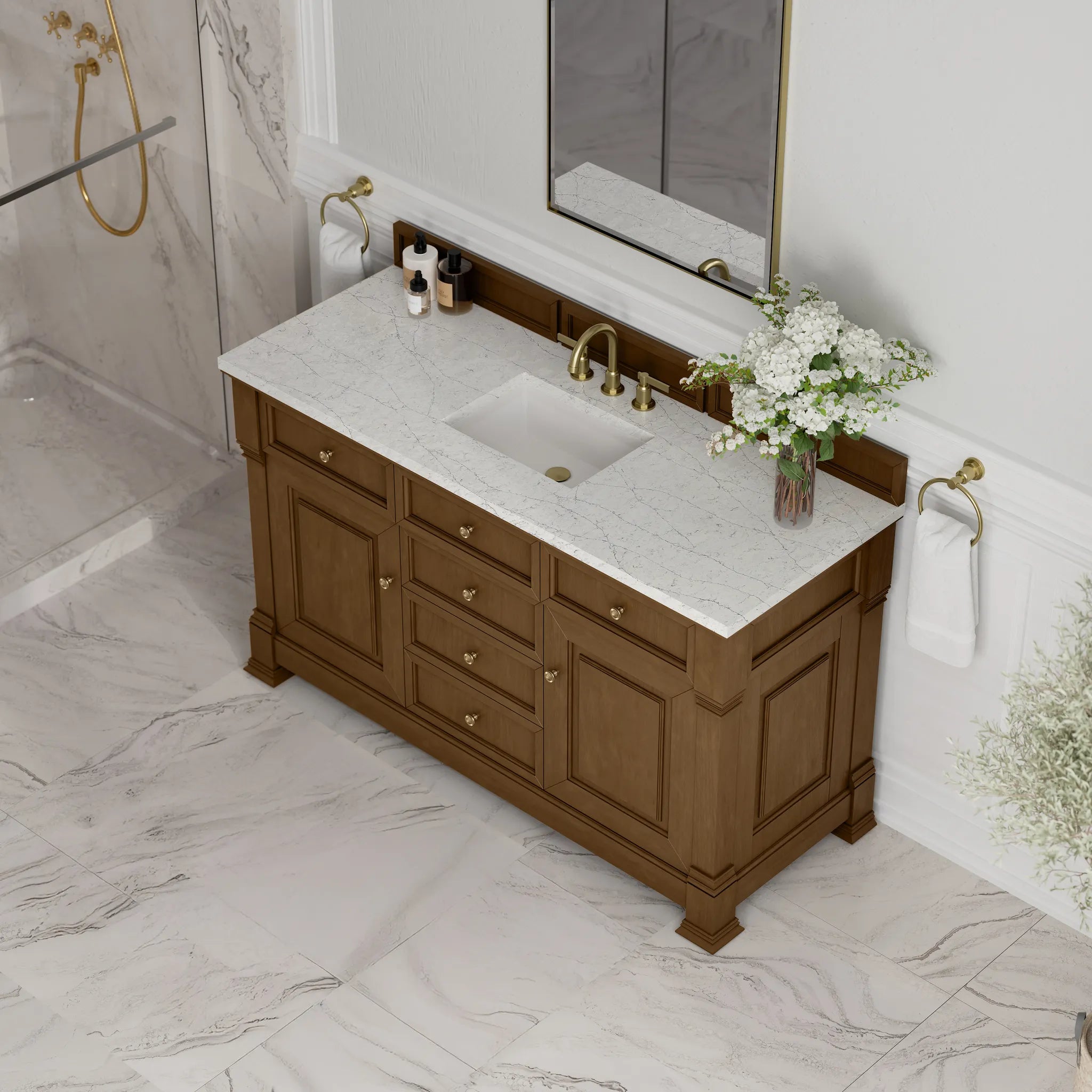60" Brookfield Single Vanity in Honey Oak Wireless Charger-Eternal Jasmine Pearl Silestone-8" Widespread image 8