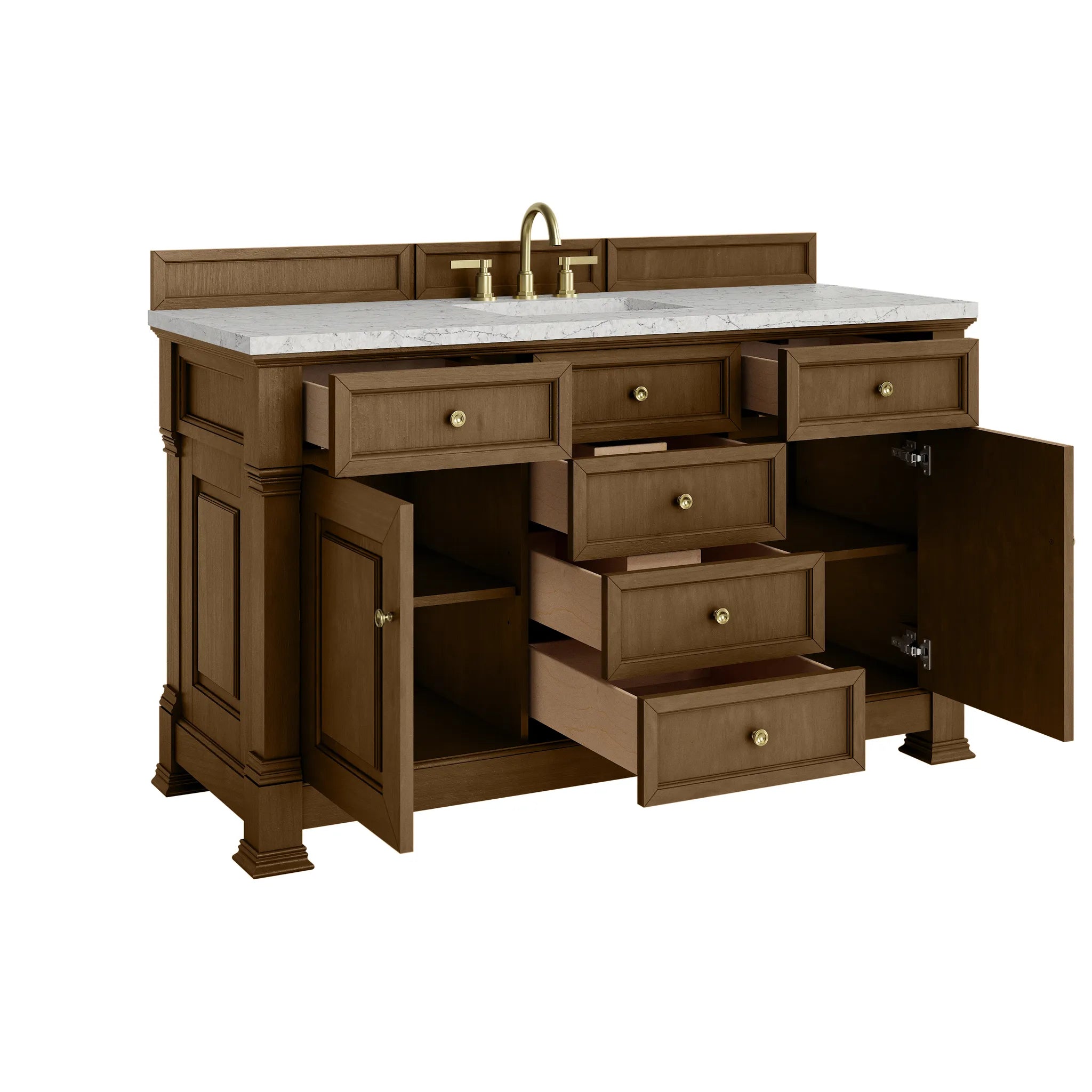 60" Brookfield Single Vanity in Honey Oak Wireless Charger-Eternal Jasmine Pearl Silestone-8" Widespread image 9