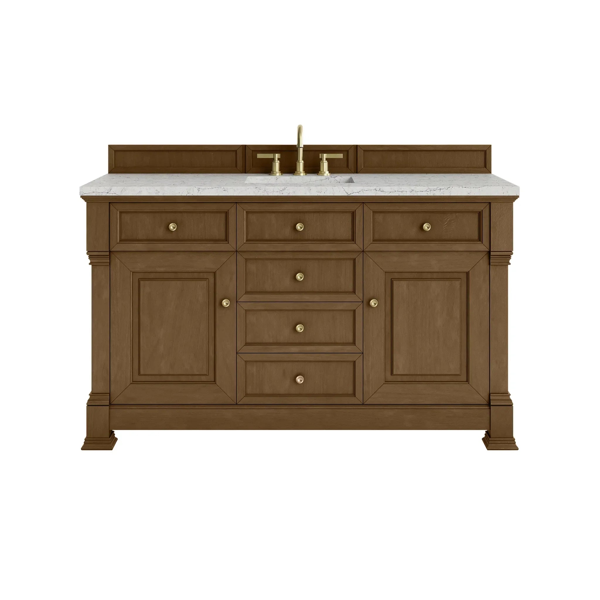 60" Brookfield Single Vanity in Honey Oak Wireless Charger-Eternal Jasmine Pearl Silestone-8" Widespread image