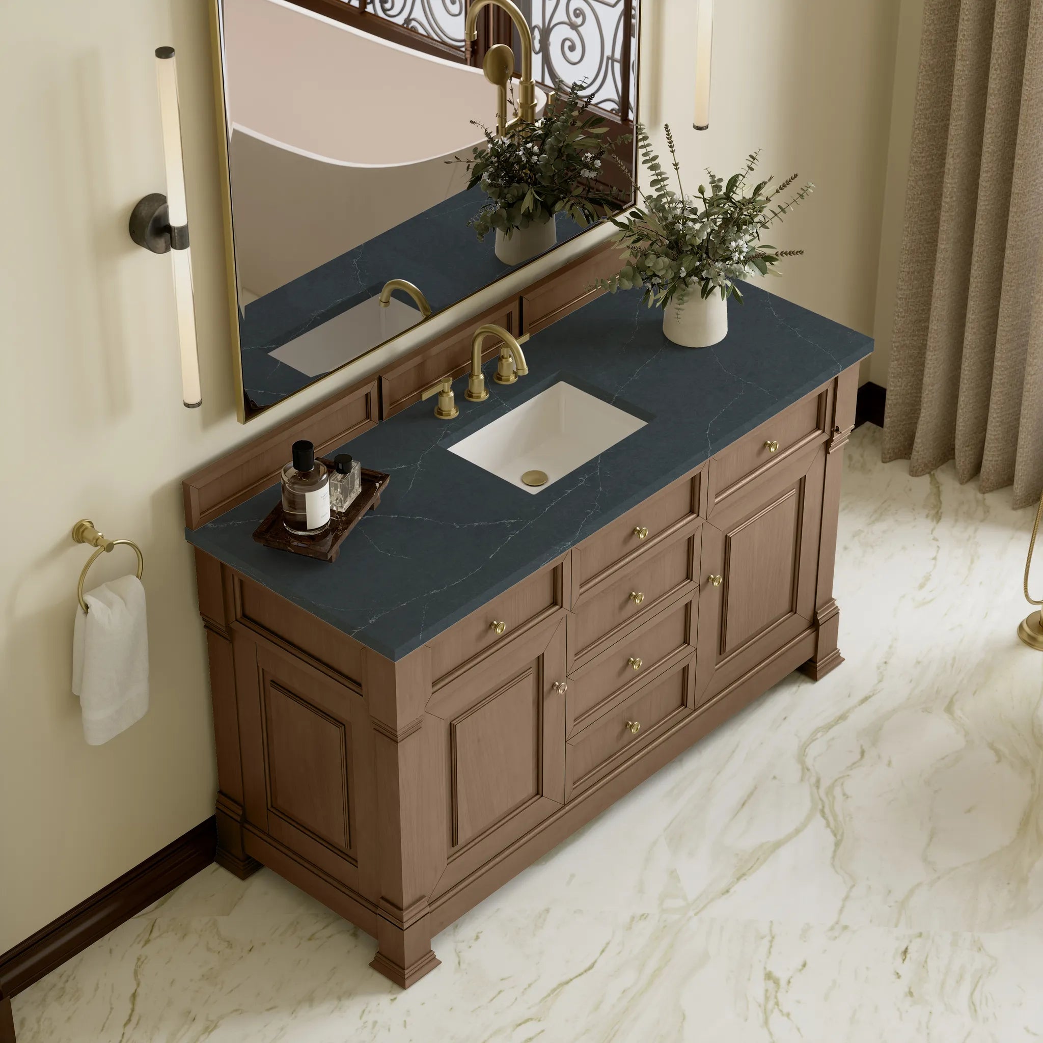 60" Brookfield Single Vanity in Pecan-Charcoal Soapstone Silestone-8" Widespread image 6