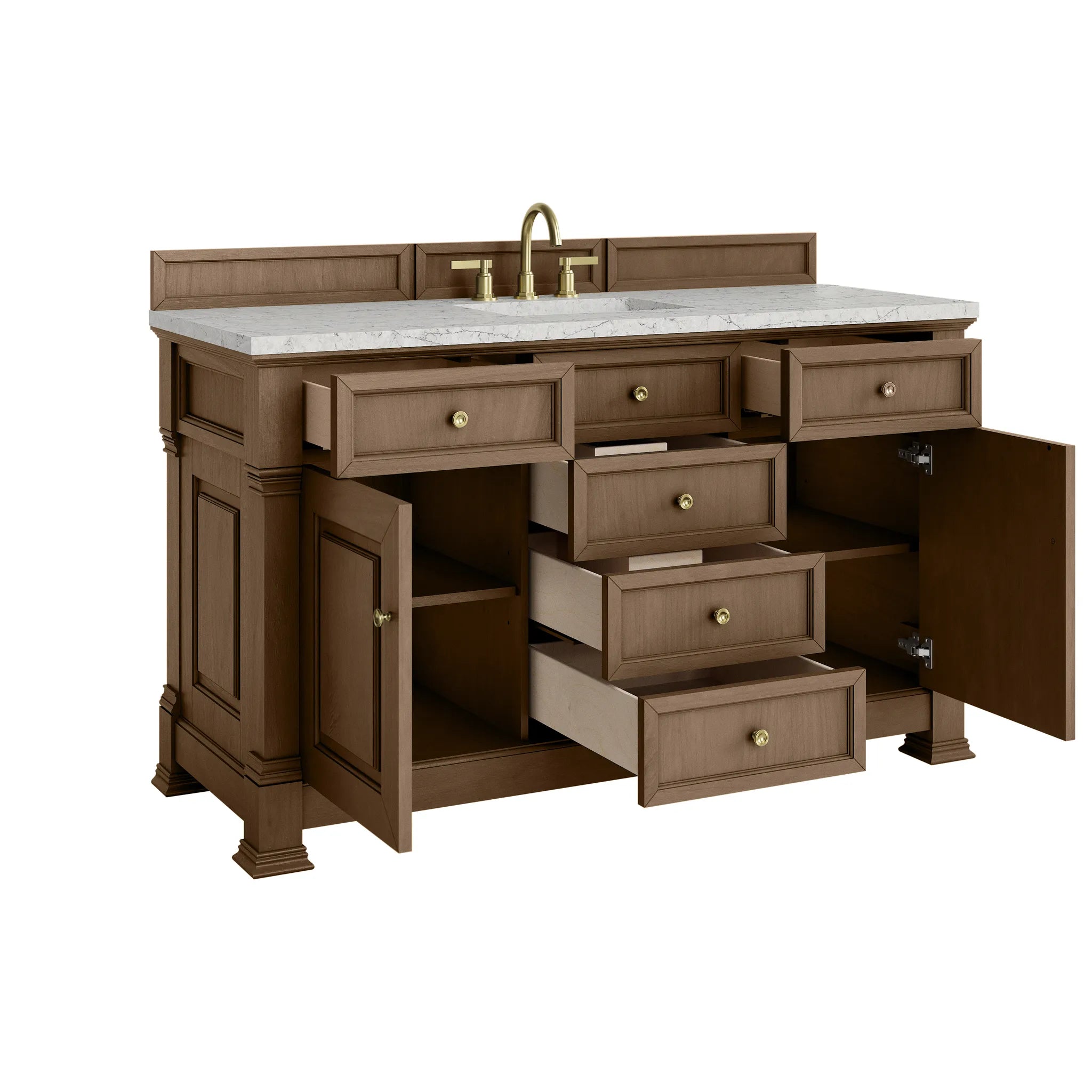 60" Brookfield Single Vanity in Pecan w/FreePower Wireless Charger-Eternal Jasmine Pearl Silestone-8" Widespread image 9