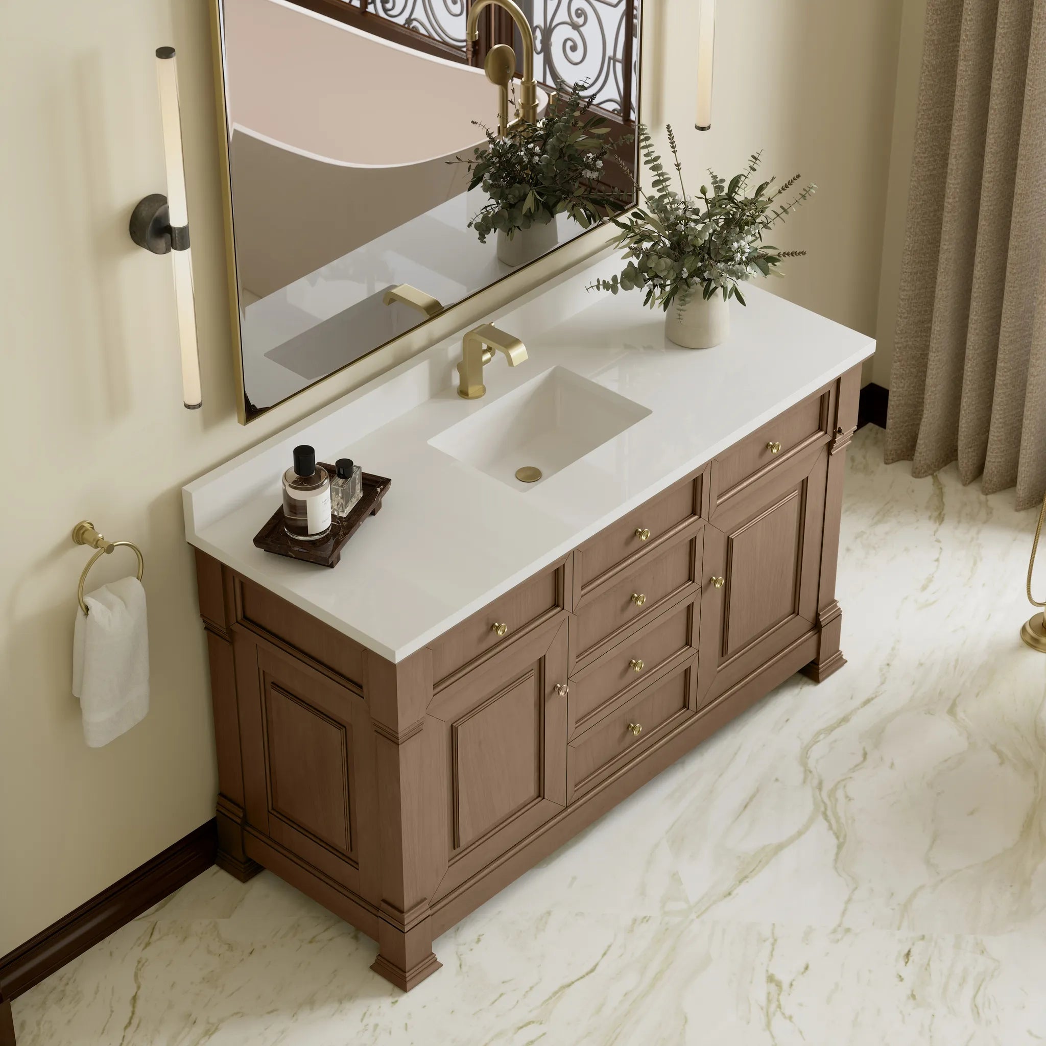 60" Brookfield Single Vanity in Pecan-White Zeus Silestone & Backsplash-Single Hole image 6