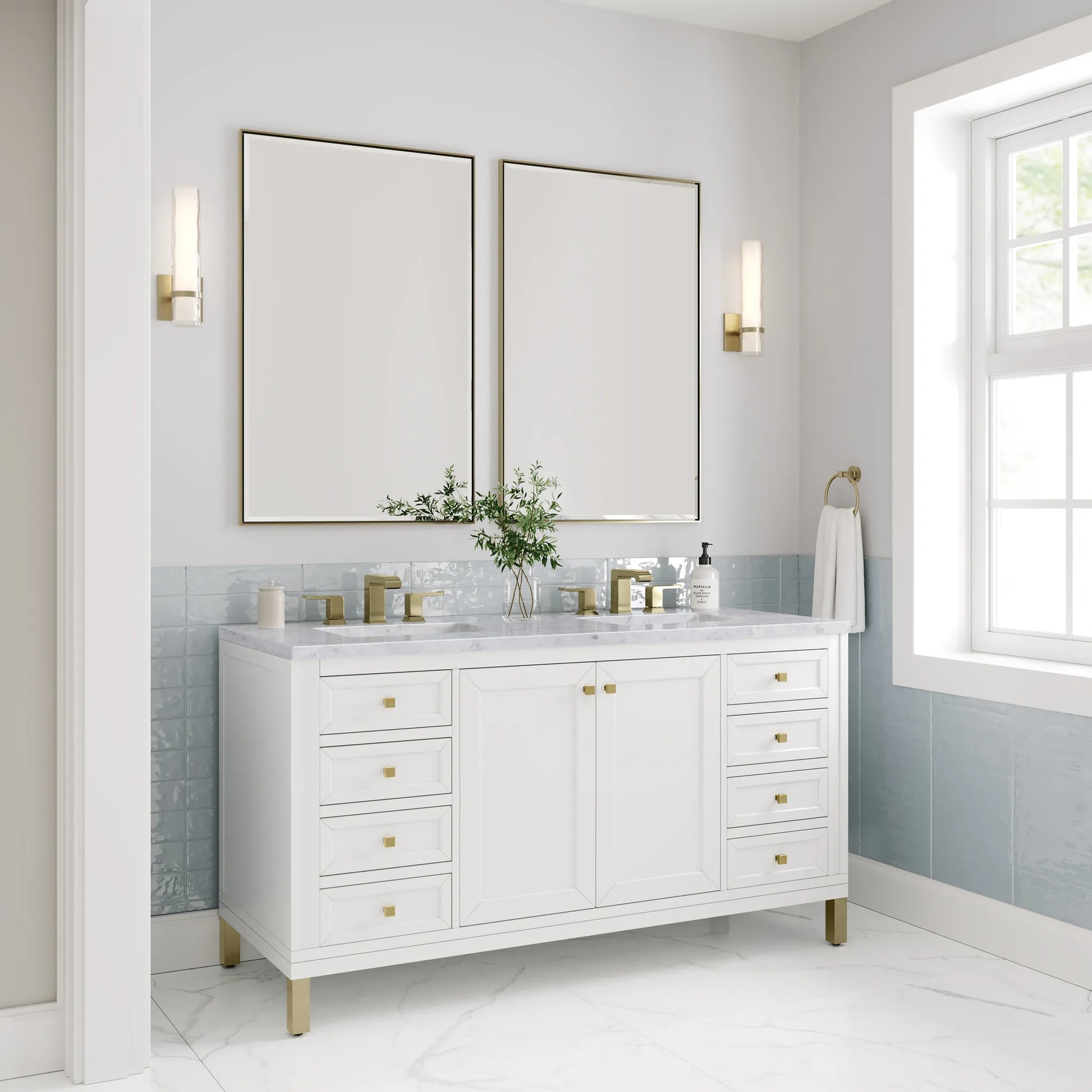 60" Chicago Double Vanity in Glossy White-Carrara White Marble-8" Widespread image 4