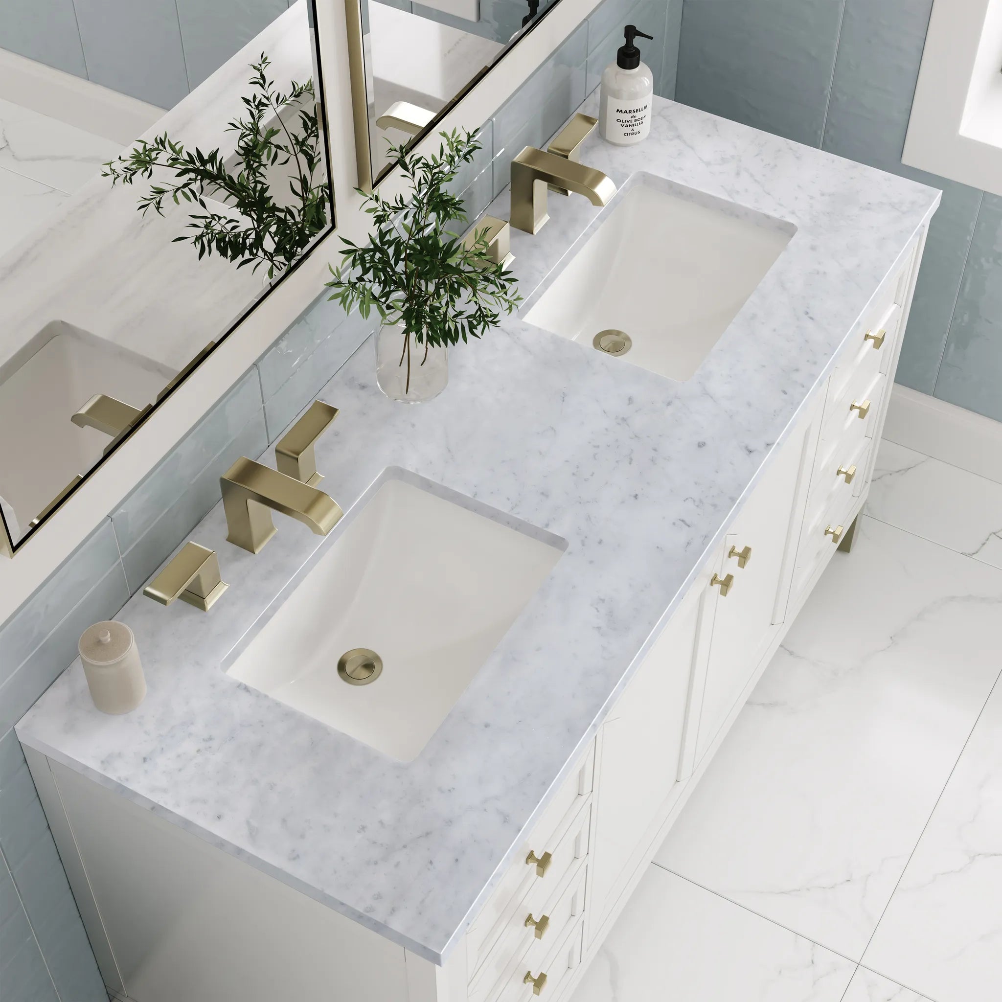 60" Chicago Double Vanity in Glossy White-Carrara White Marble-8" Widespread image 7