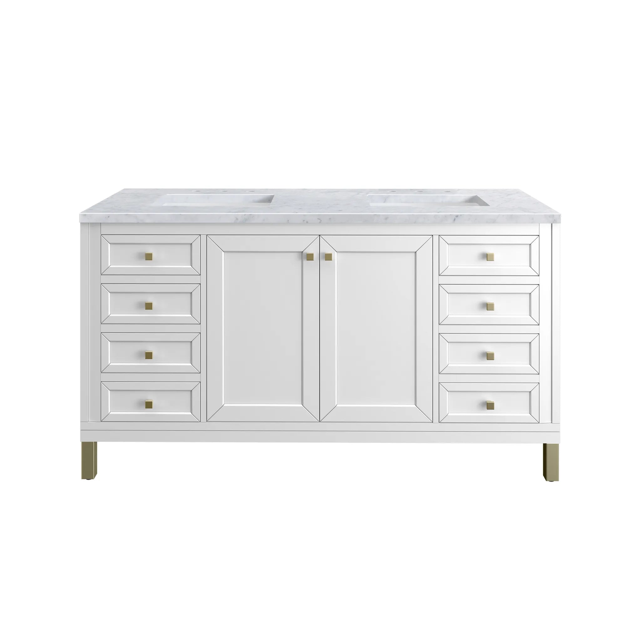 60" Chicago Double Vanity in Glossy White-Carrara White Marble-8" Widespread image