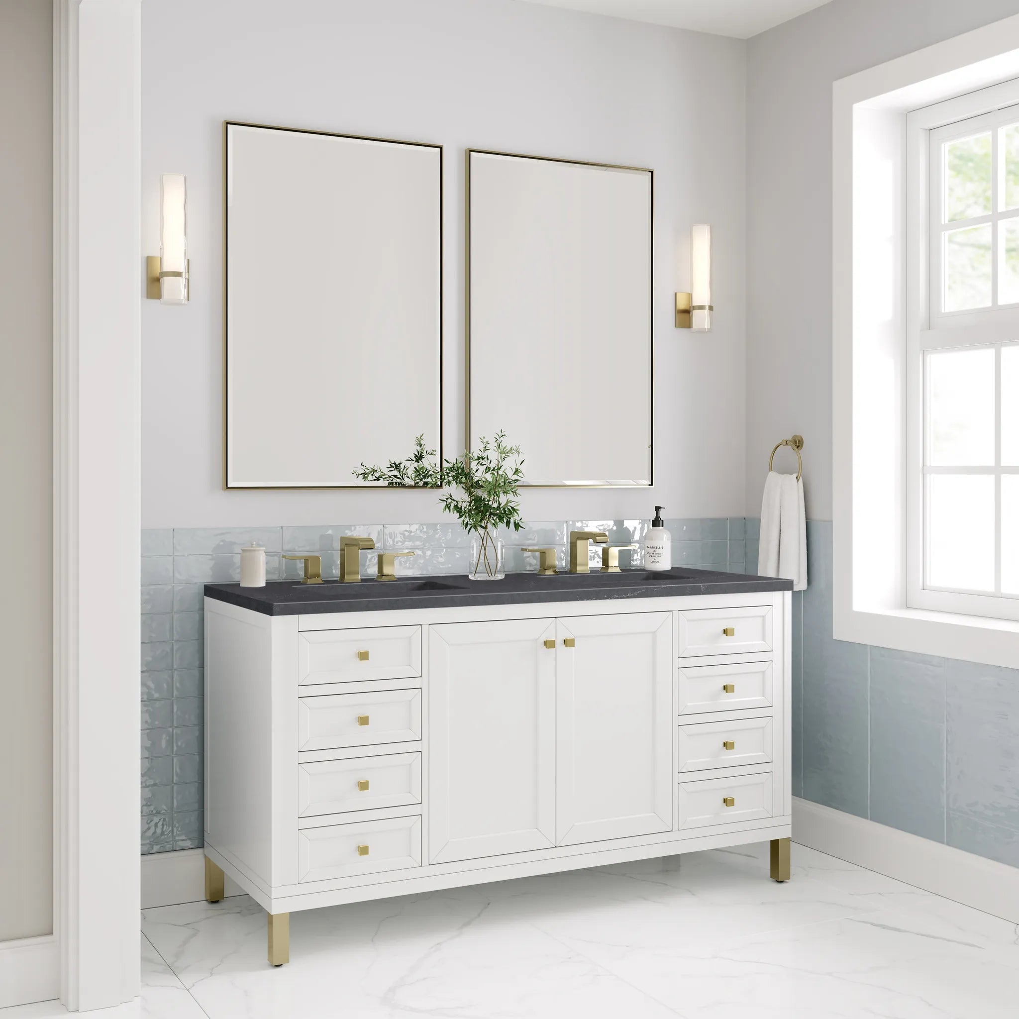 60" Chicago Double Vanity in Glossy White-Charcoal Soapstone Silestone-8" Widespread image 4