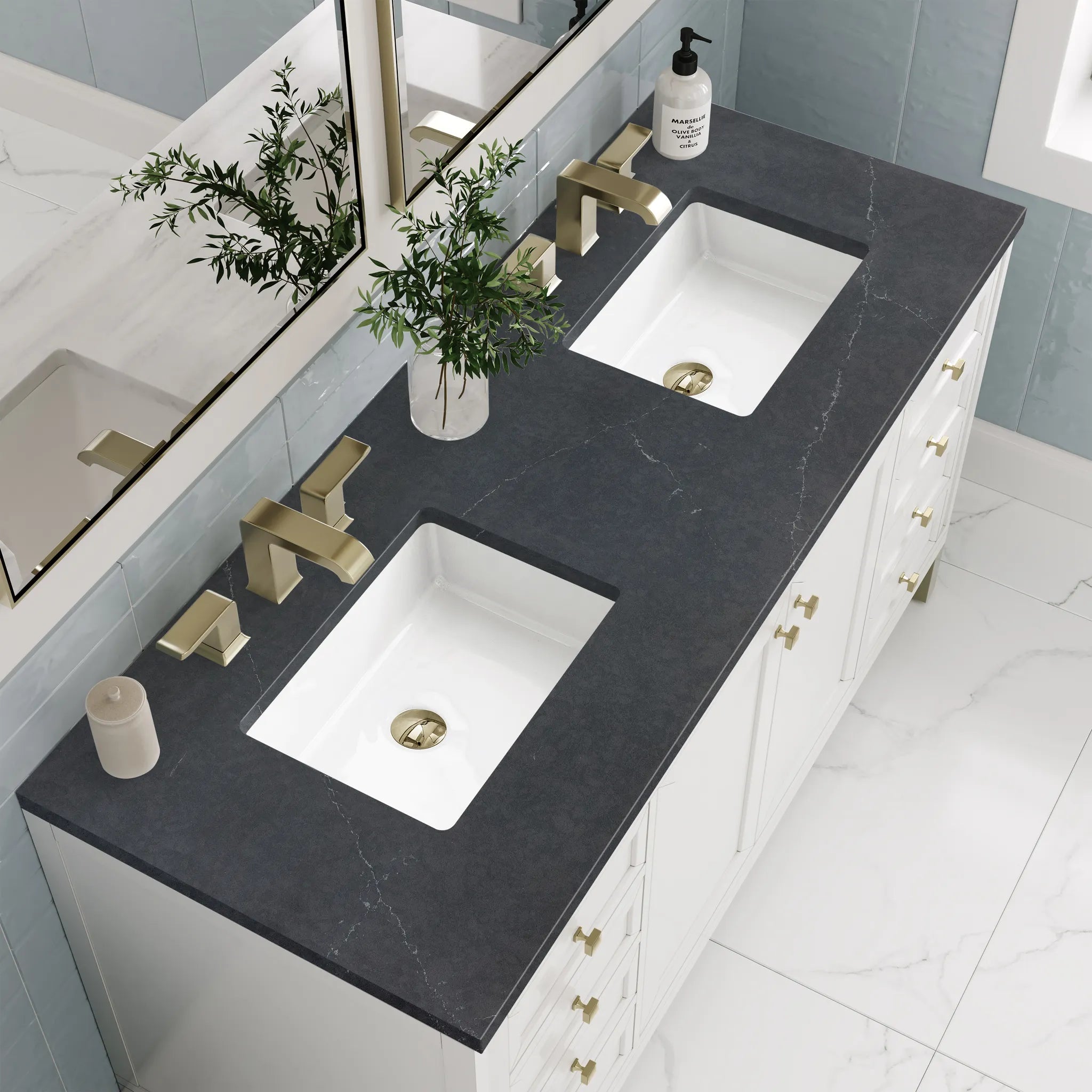 60" Chicago Double Vanity in Glossy White-Charcoal Soapstone Silestone-8" Widespread image 7