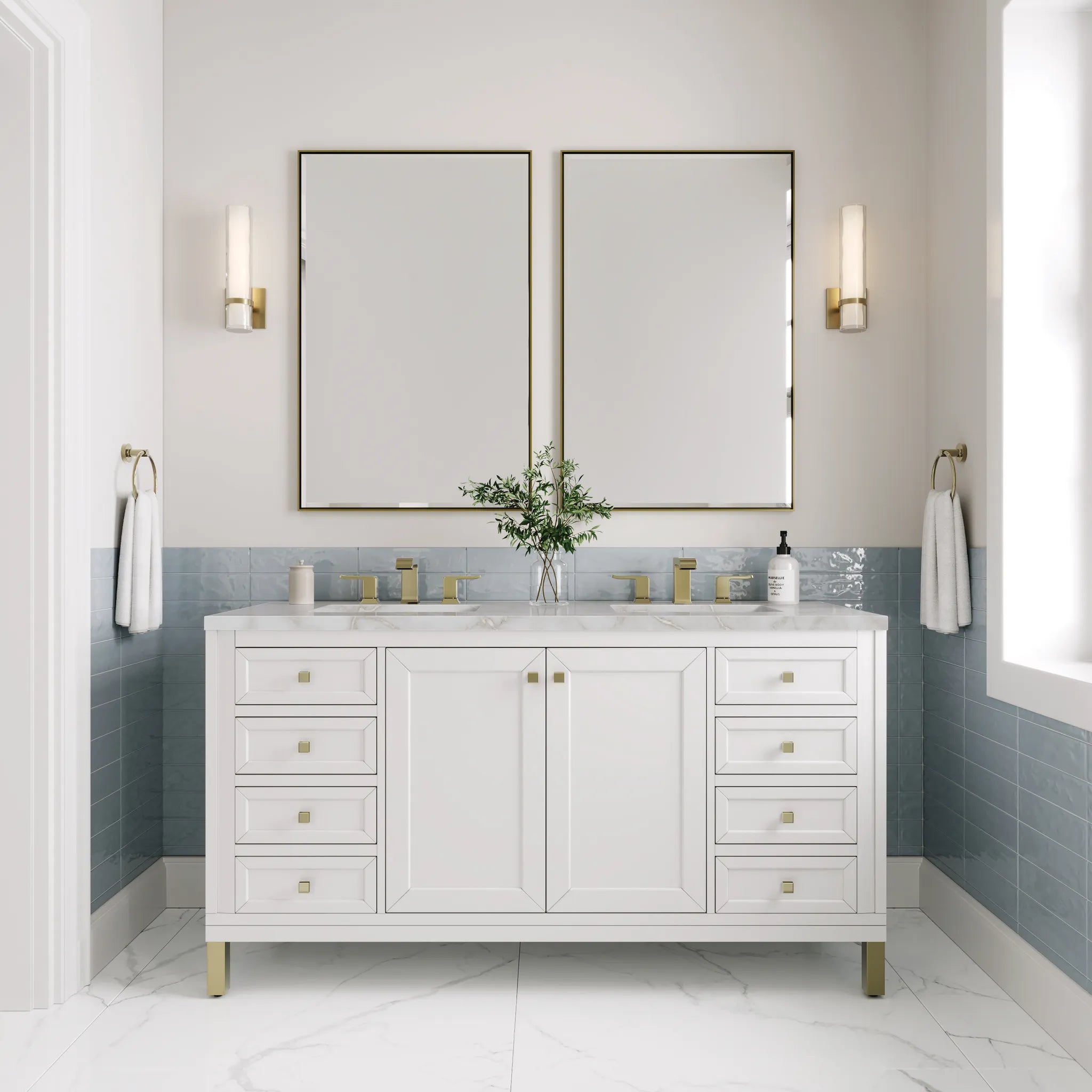 60" Chicago Double Vanity in Glossy White-Victorian Silver Silestone-8" Widespread image 3