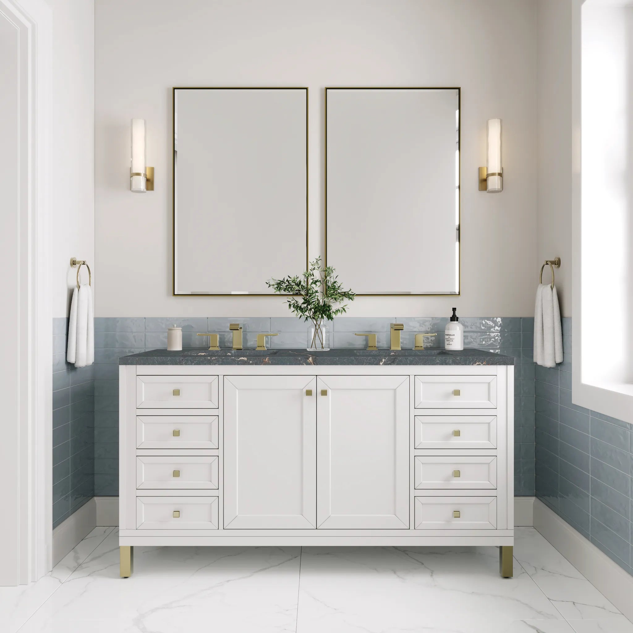 60" Chicago Double Vanity in Glossy White w/FreePower Wireless Charger-Parisien Bleu Silestone-8" Widespread image 6