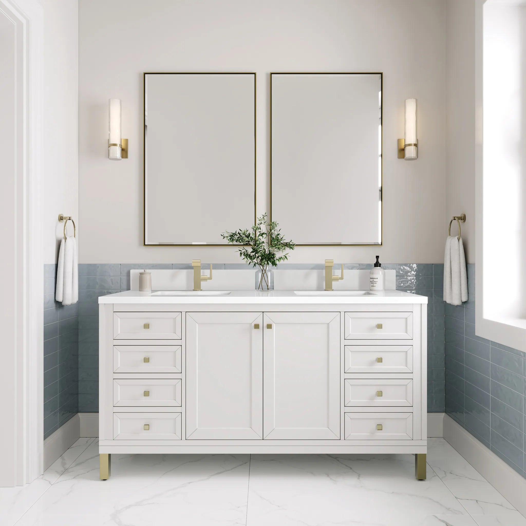 60" Chicago Double Vanity in Glossy White-White Zeus Silestone & Backsplash-Single Hole image 3