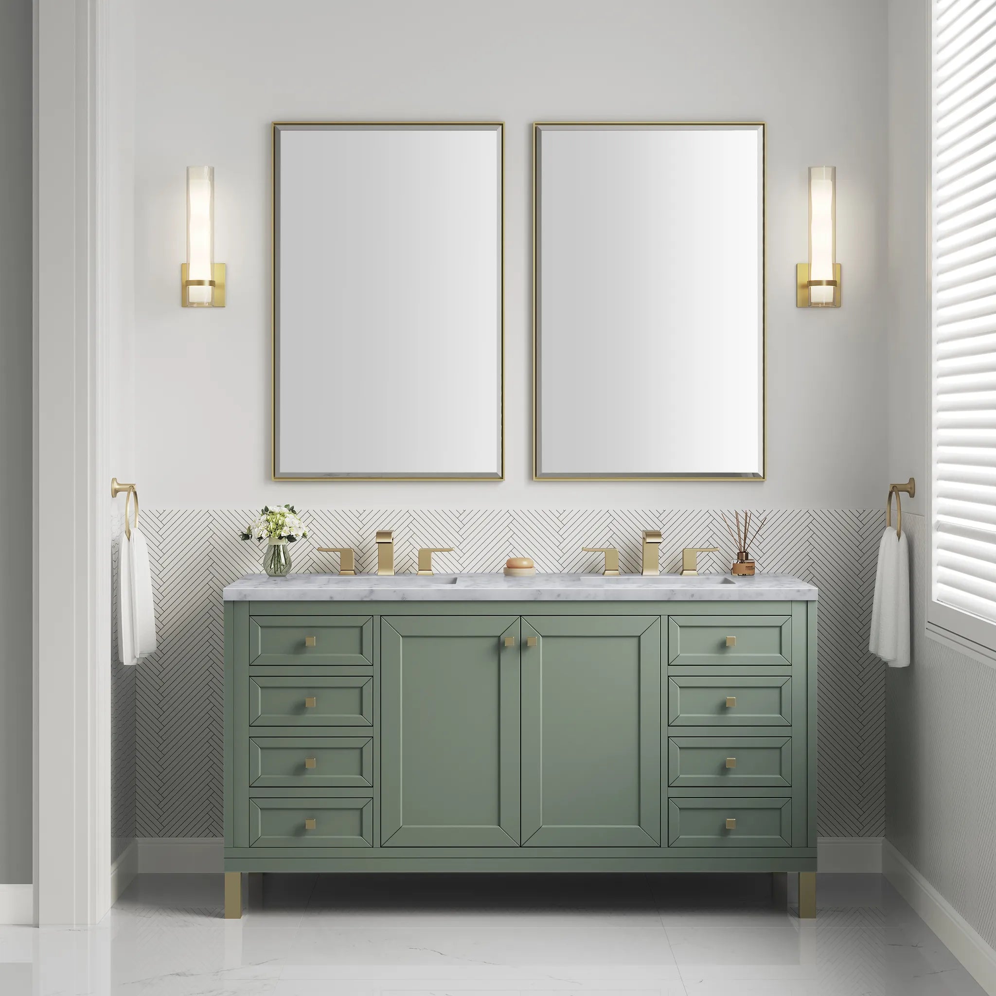 60" Chicago Double Vanity in Smokey Celadon-Carrara White Marble-8" Widespread image 4