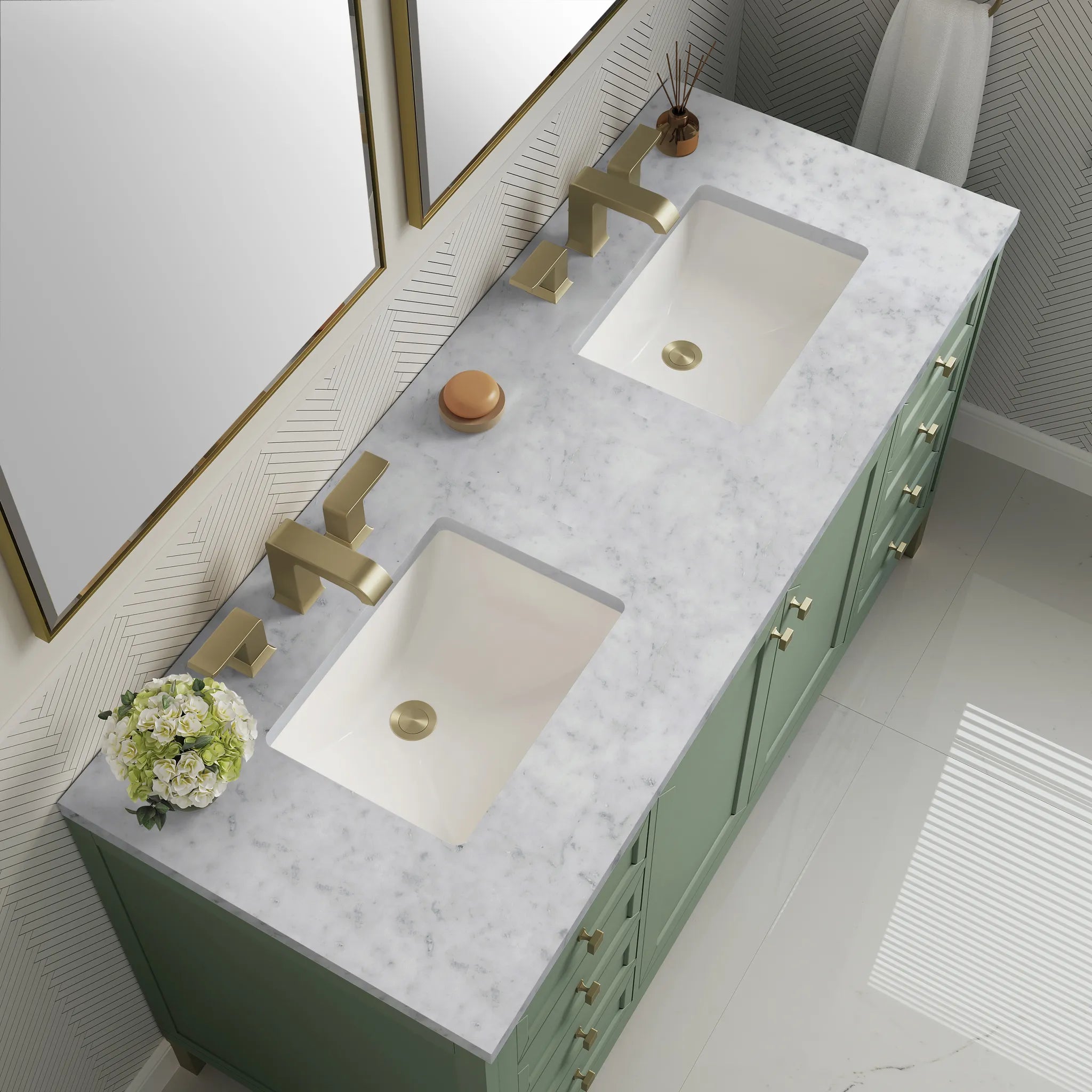 60" Chicago Double Vanity in Smokey Celadon-Carrara White Marble-8" Widespread image 8