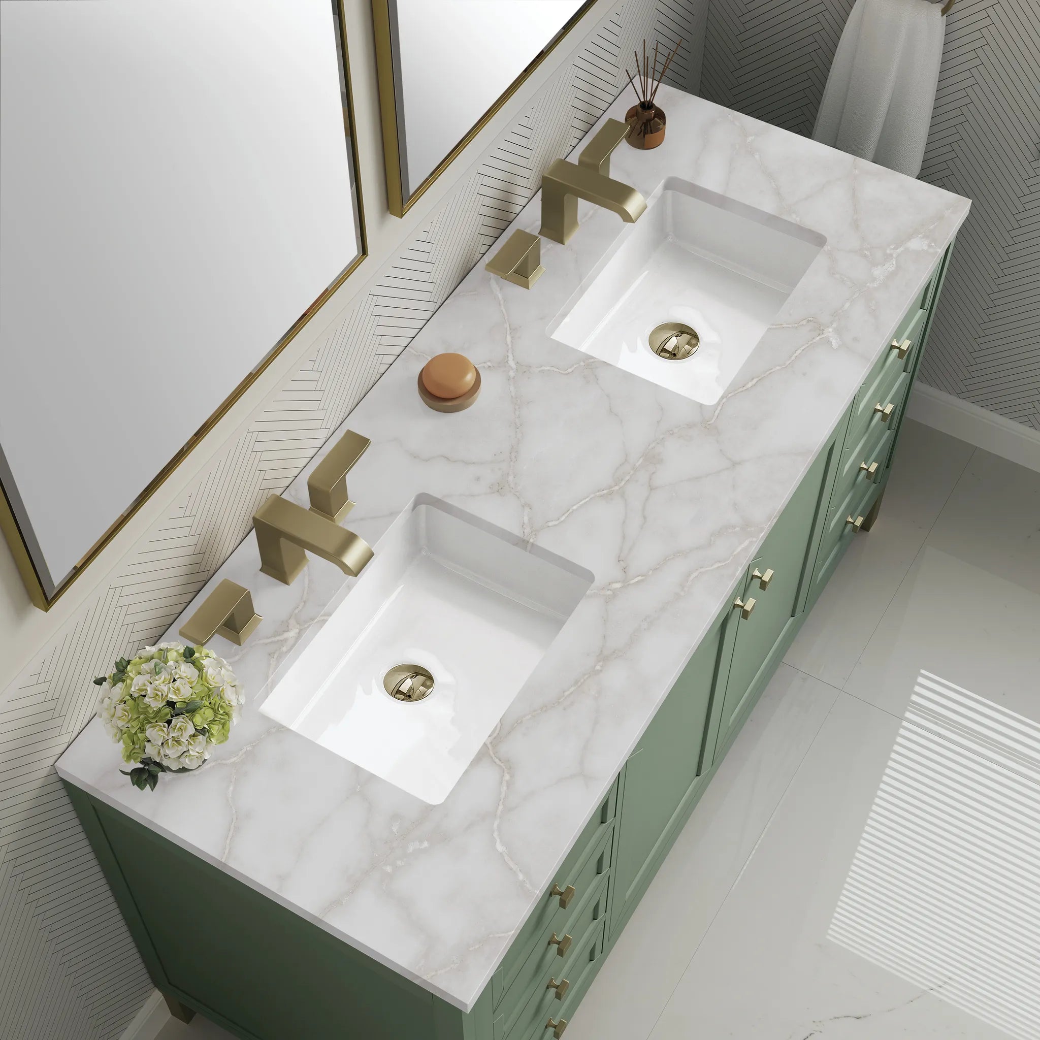 60" Chicago Double Vanity in Smokey Celadon-Victorian Silver Silestone-8" Widespread image 7