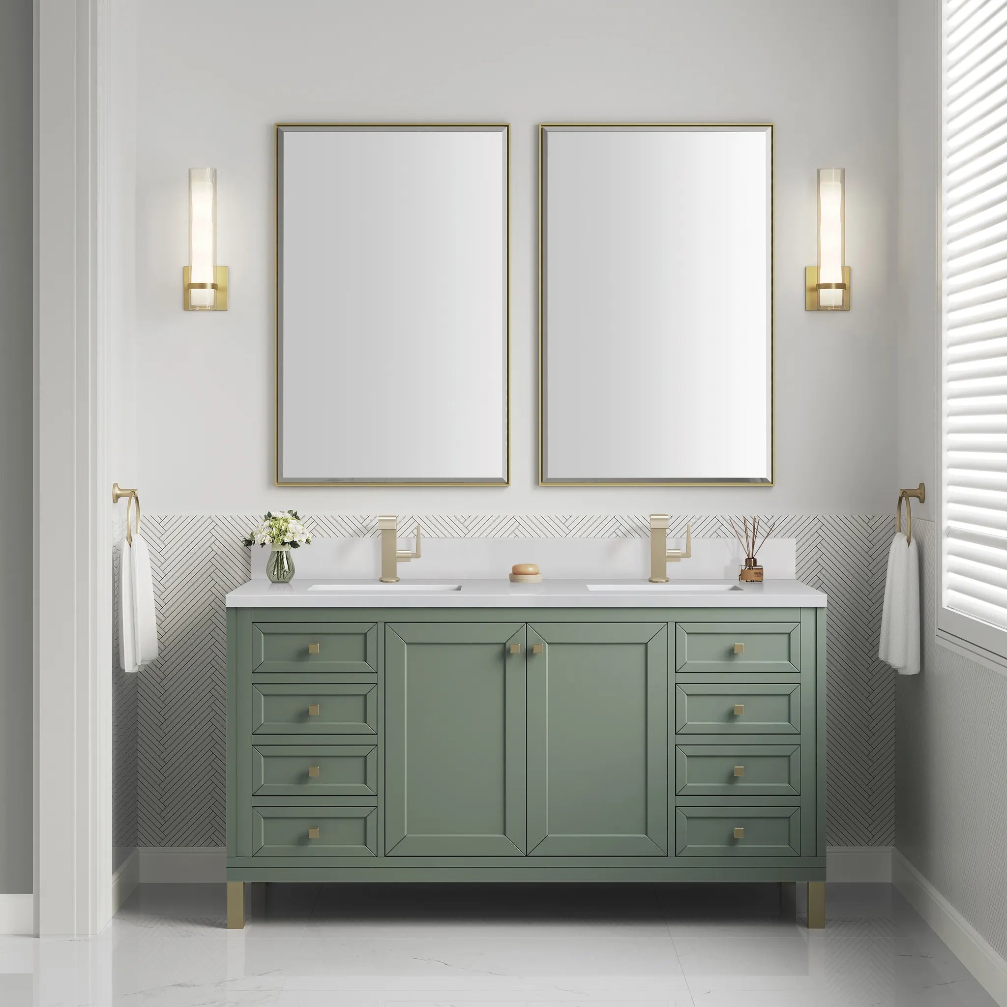 60" Chicago Double Vanity in Smokey Celadon-White Zeus Silestone & Backsplash-Single Hole image 3
