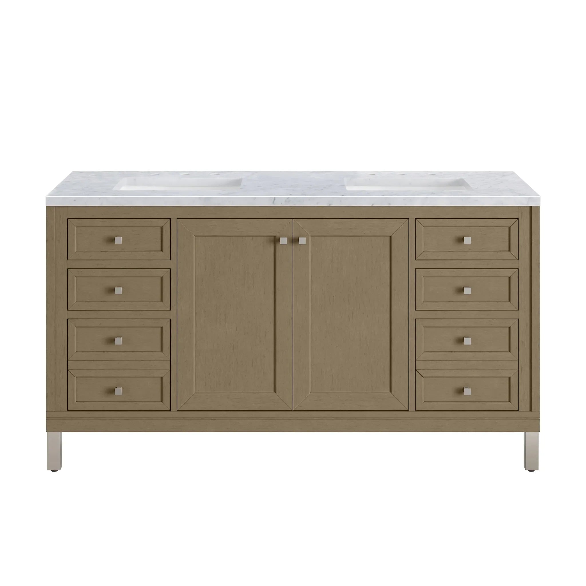 60" Chicago Double Vanity in Walnut Whisper-Carrara White Marble-8" Widespread image 1