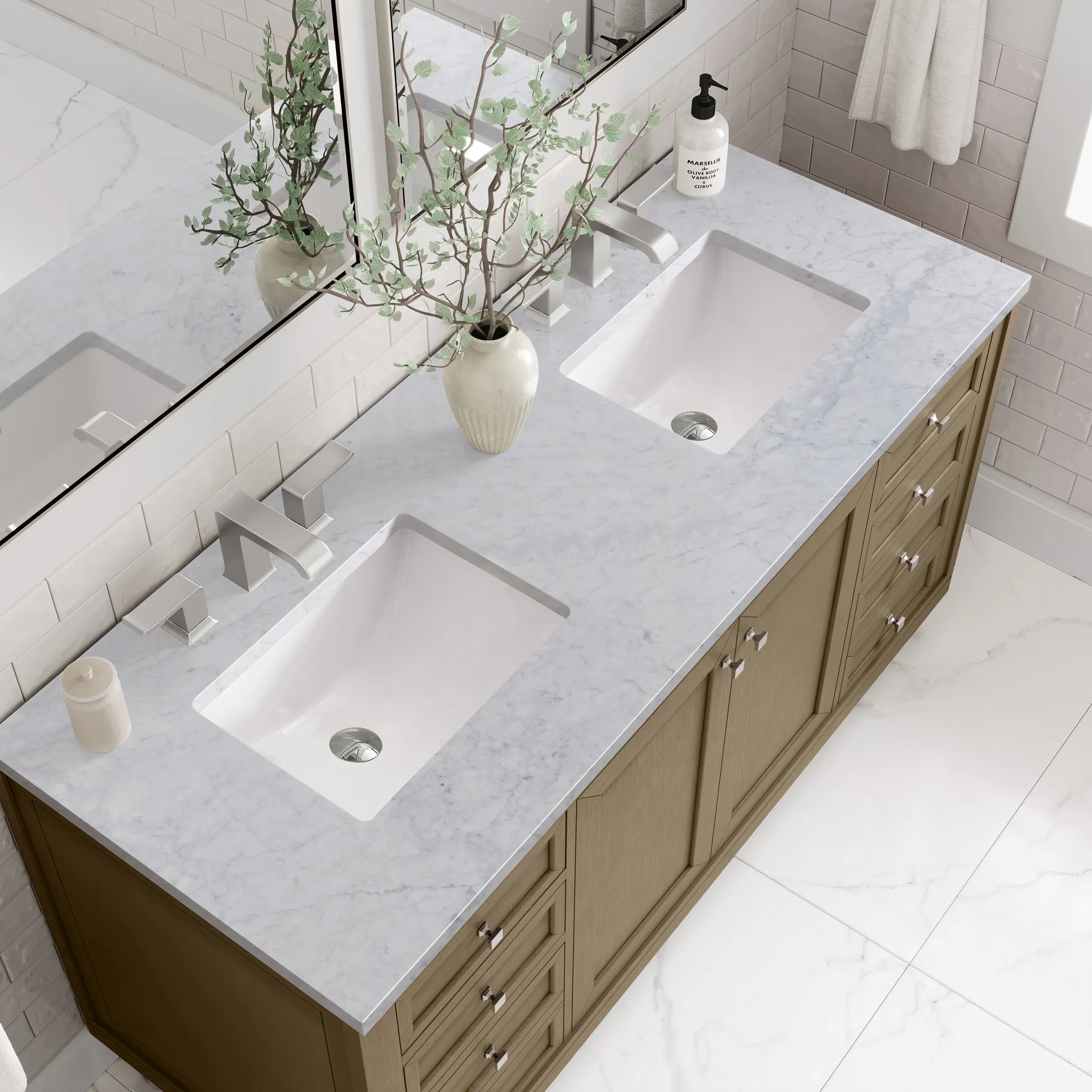 60" Chicago Double Vanity in Walnut Whisper-Carrara White Marble-8" Widespread image 13