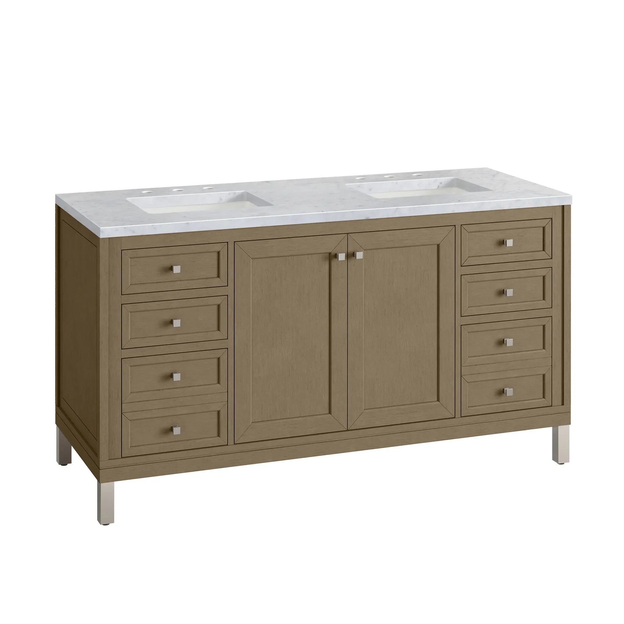 60" Chicago Double Vanity in Walnut Whisper-Carrara White Marble-8" Widespread image 16