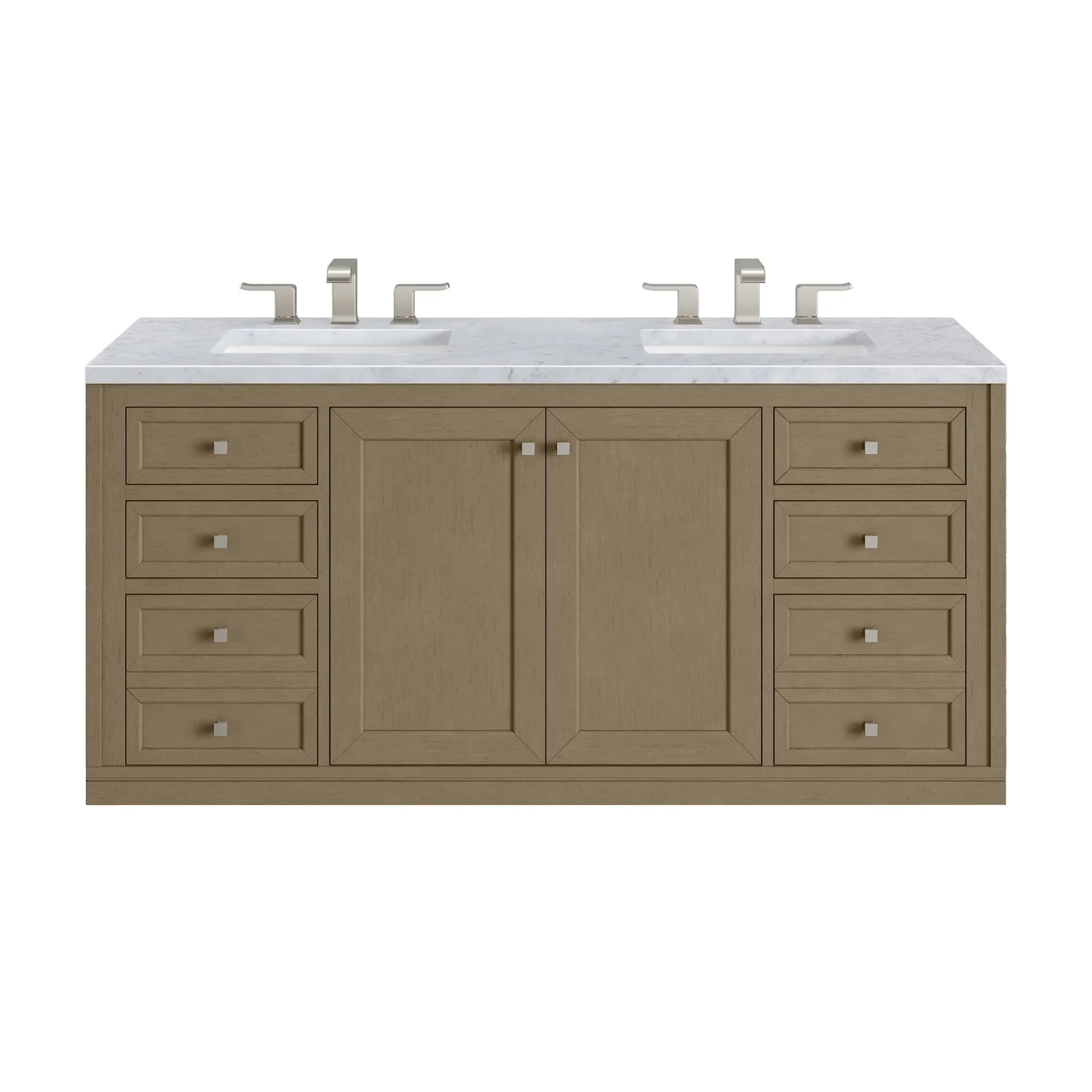 60" Chicago Double Vanity in Walnut Whisper-Carrara White Marble-8" Widespread image 2