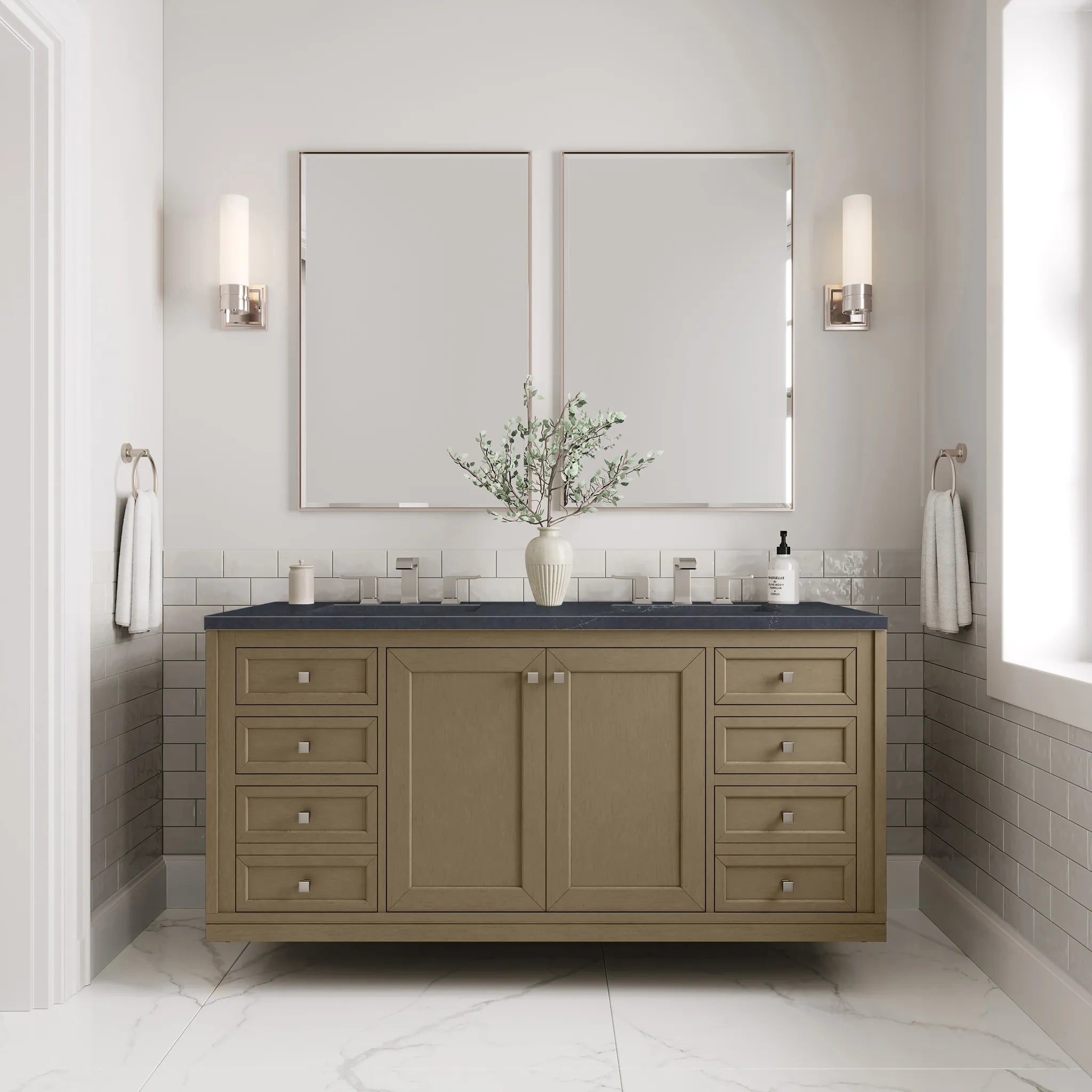 60" Chicago Double Vanity in Walnut Whisper-Charcoal Soapstone Silestone-8" Widespread image 6