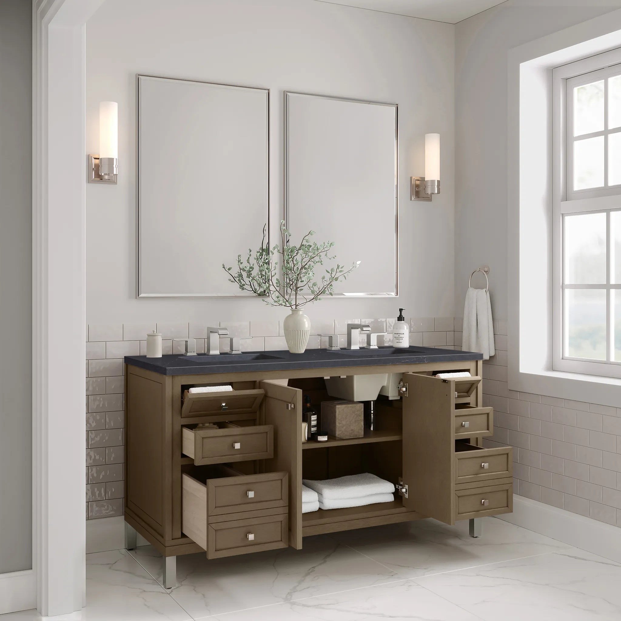 60" Chicago Double Vanity in Walnut Whisper-Charcoal Soapstone Silestone-8" Widespread image 9