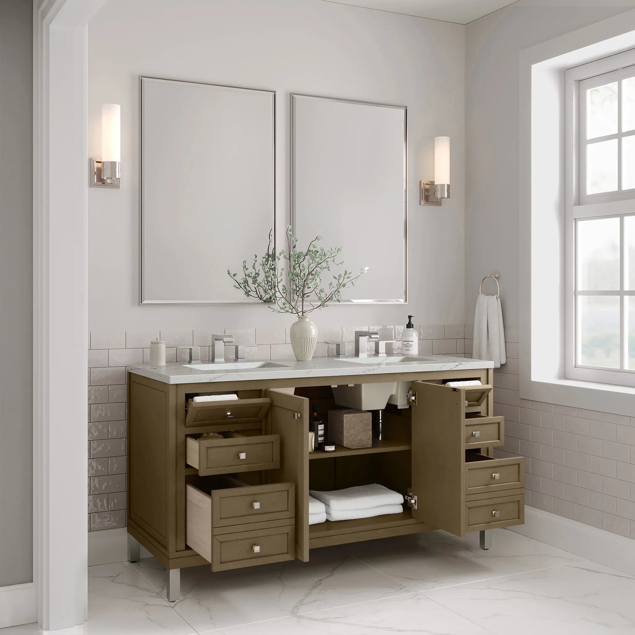 60" Chicago Double Vanity in Walnut Whisper-Ethereal Noctis Silestone-8" Widespread image 9