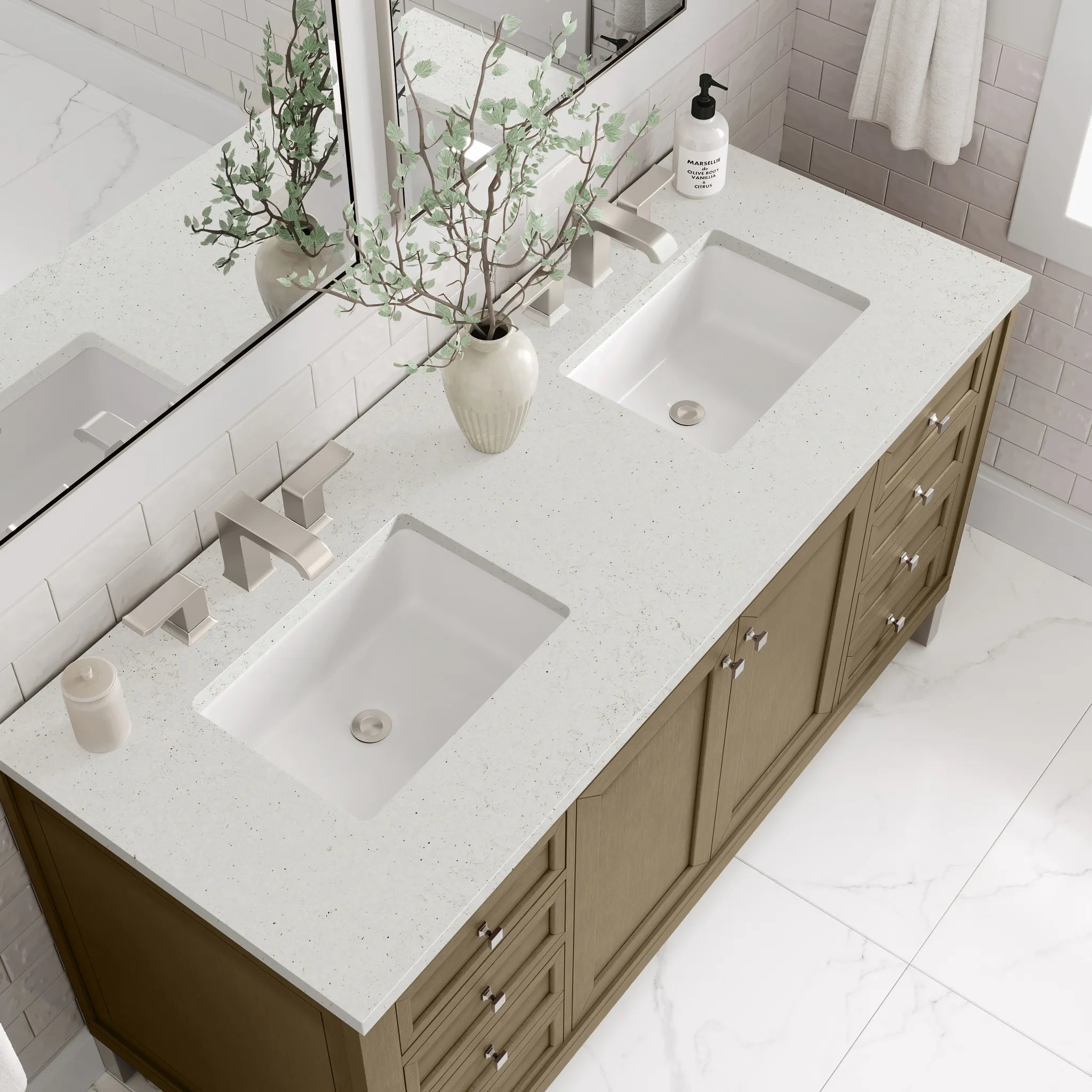 60" Chicago Double Vanity in Walnut Whisper-Lime Delight Silestone-8" Widespread image 6