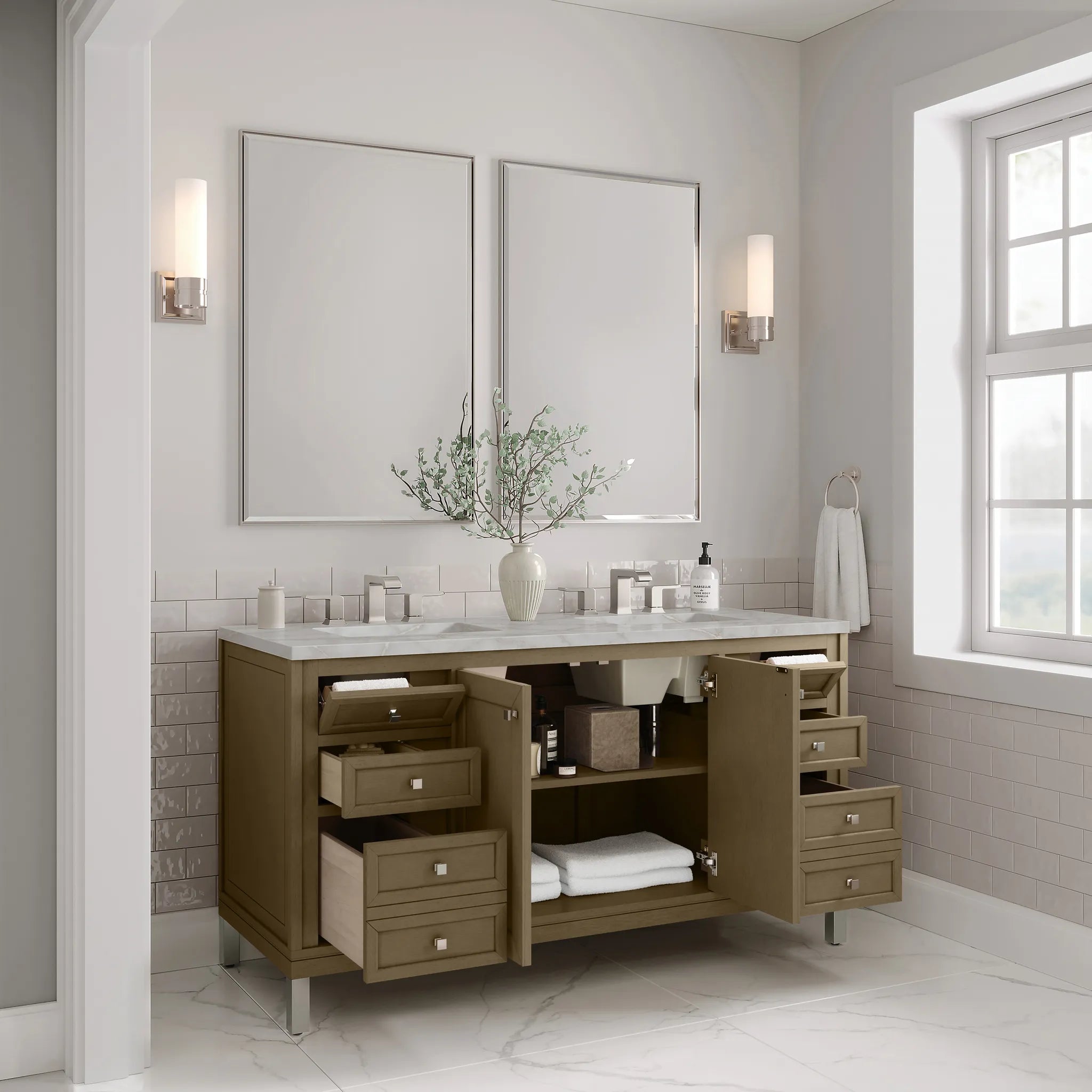 60" Chicago Double Vanity in Walnut Whisper-Victorian Silver Silestone-8" Widespread image 4