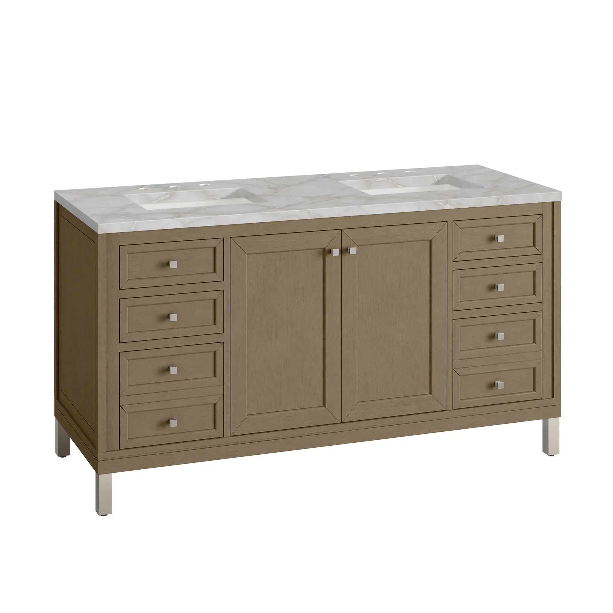 60" Chicago Double Vanity in Walnut Whisper-Victorian Silver Silestone-8" Widespread image 9