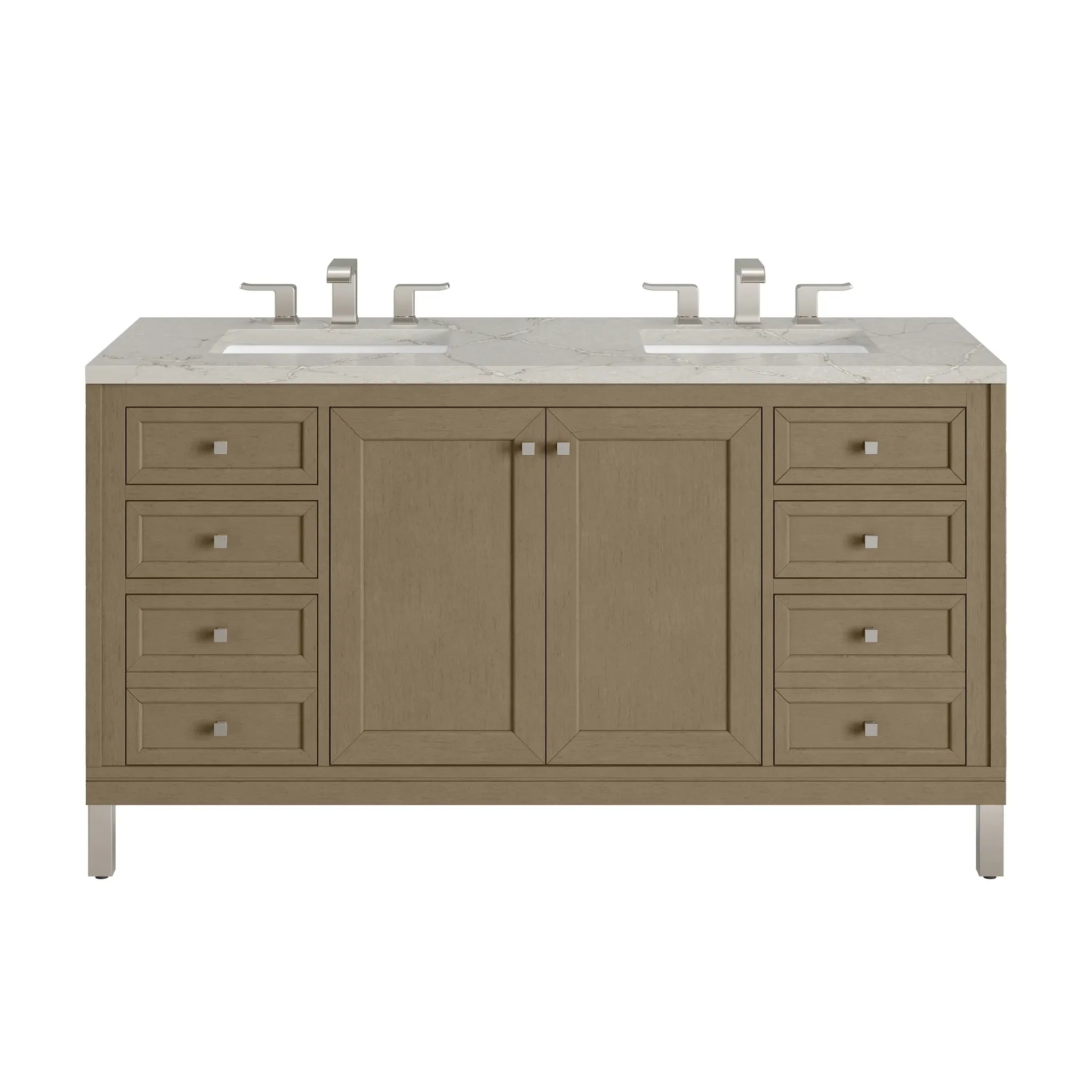 60" Chicago Double Vanity in Walnut Whisper-Victorian Silver Silestone-8" Widespread image