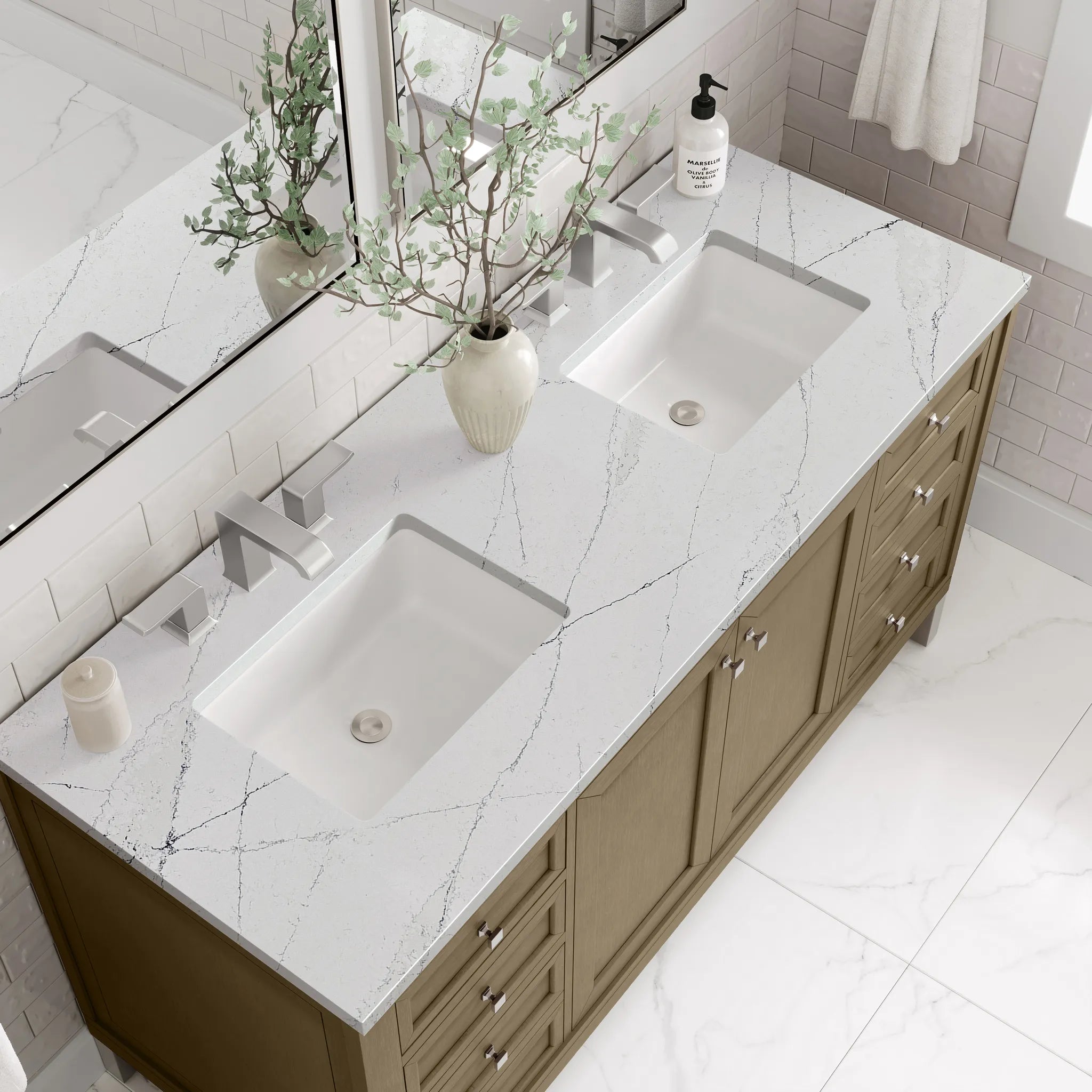 60" Chicago Double Vanity in Walnut Whisper w/FreePower Wireless Charger-Ethereal Noctis Silestone-8" Widespread image 15