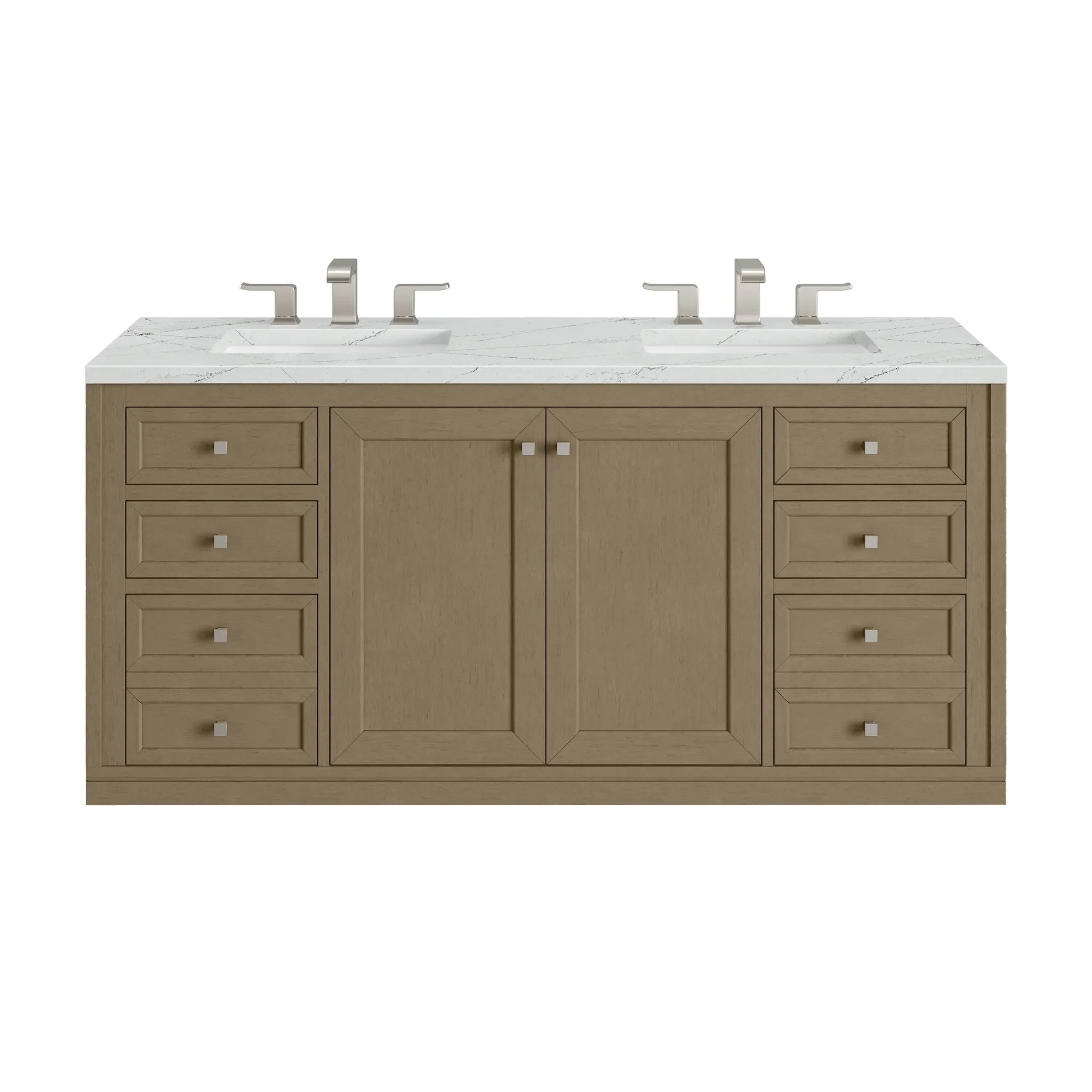 60" Chicago Double Vanity in Walnut Whisper w/FreePower Wireless Charger-Ethereal Noctis Silestone-8" Widespread image 2