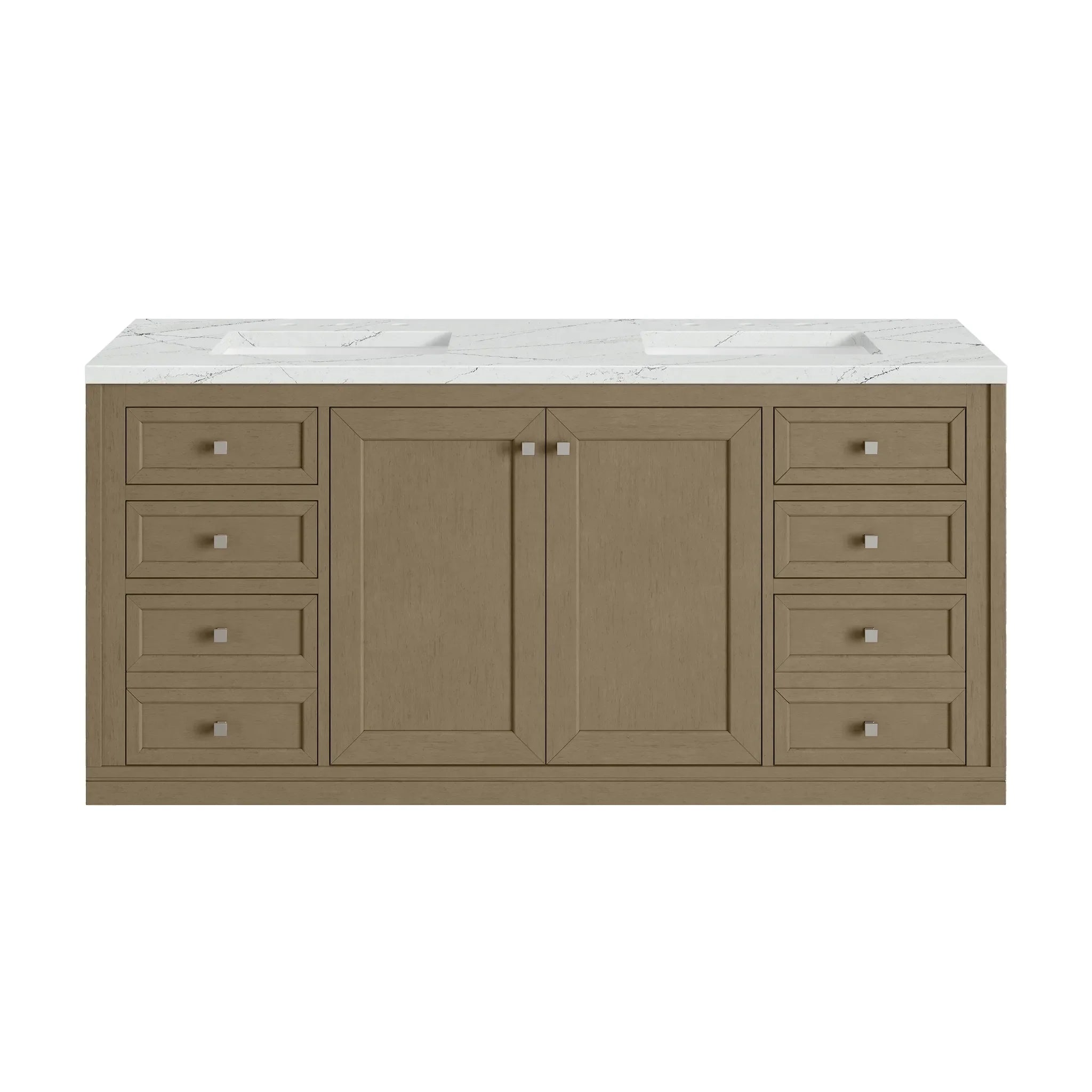 60" Chicago Double Vanity in Walnut Whisper w/FreePower Wireless Charger-Ethereal Noctis Silestone-8" Widespread image 3