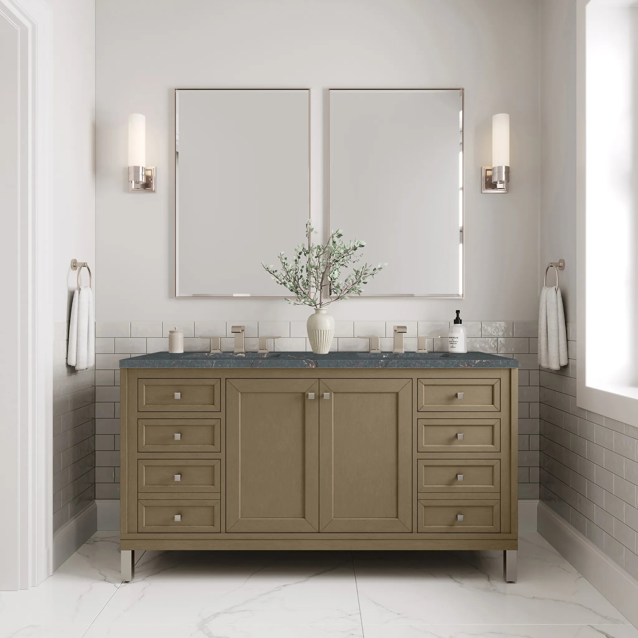 60" Chicago Double Vanity in Walnut Whisper w/FreePower Wireless Charger-Parisien Bleu Silestone-8" Widespread image 5