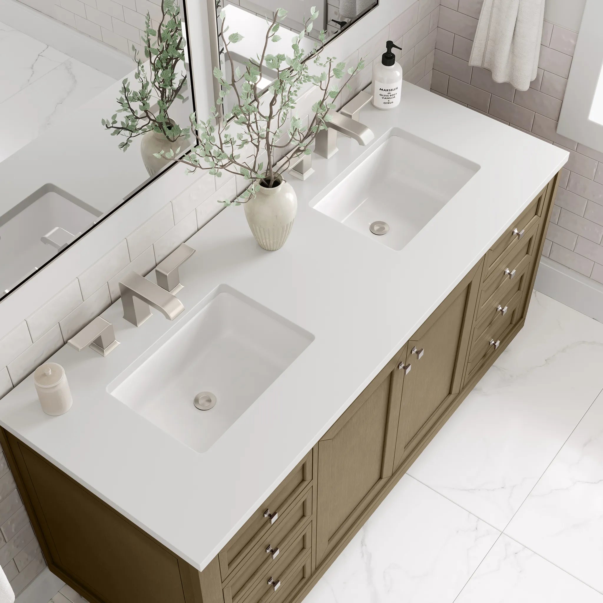60" Chicago Double Vanity in Walnut Whisper-White Zeus Silestone-8" Widespread image 13