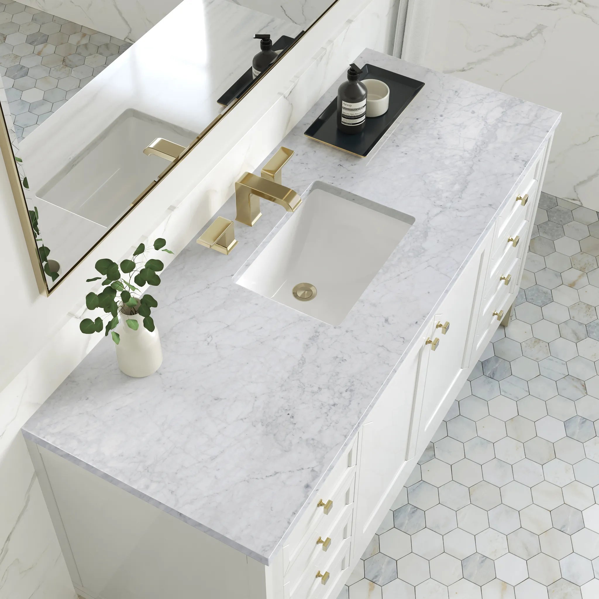 60" Chicago Single Vanity in Glossy White-Carrara White Marble-8" Widespread image 7