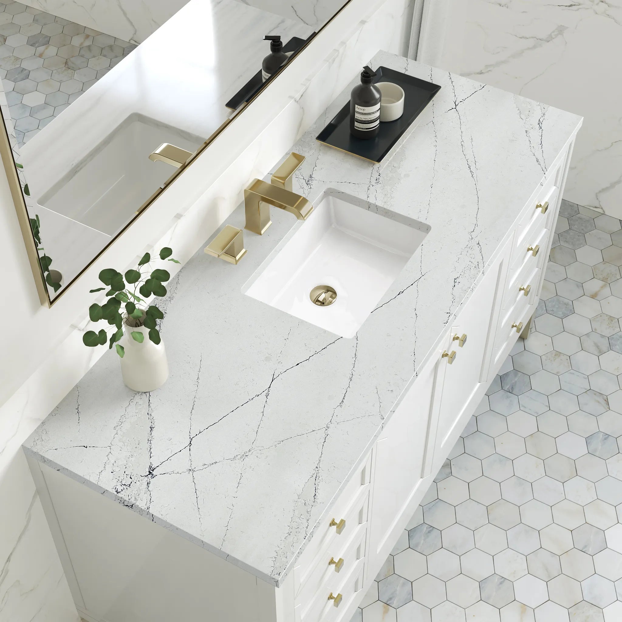 60" Chicago Single Vanity in Glossy White-Ethereal Noctis Silestone-8" Widespread image 7